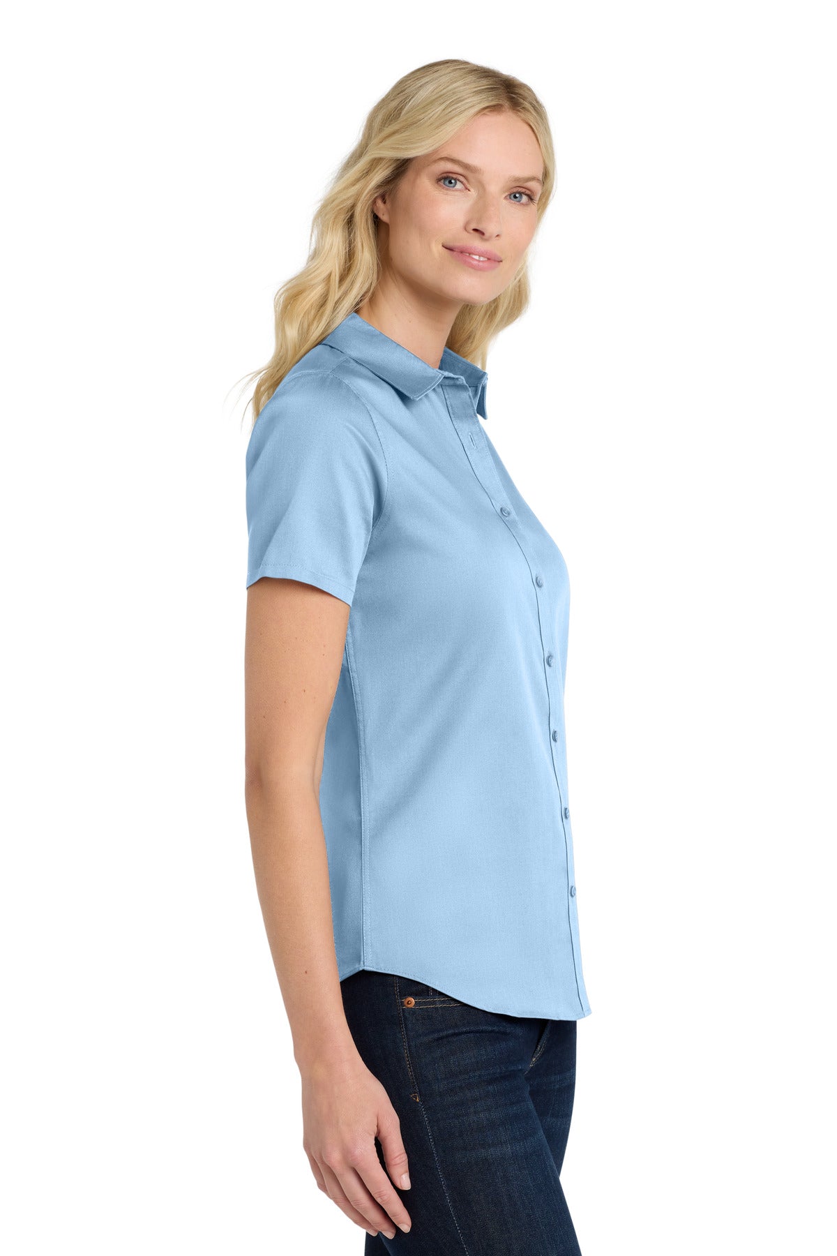 CloudBlue Port Authority Women's Short Sleeve SuperPro React Twill Shirt. LW809