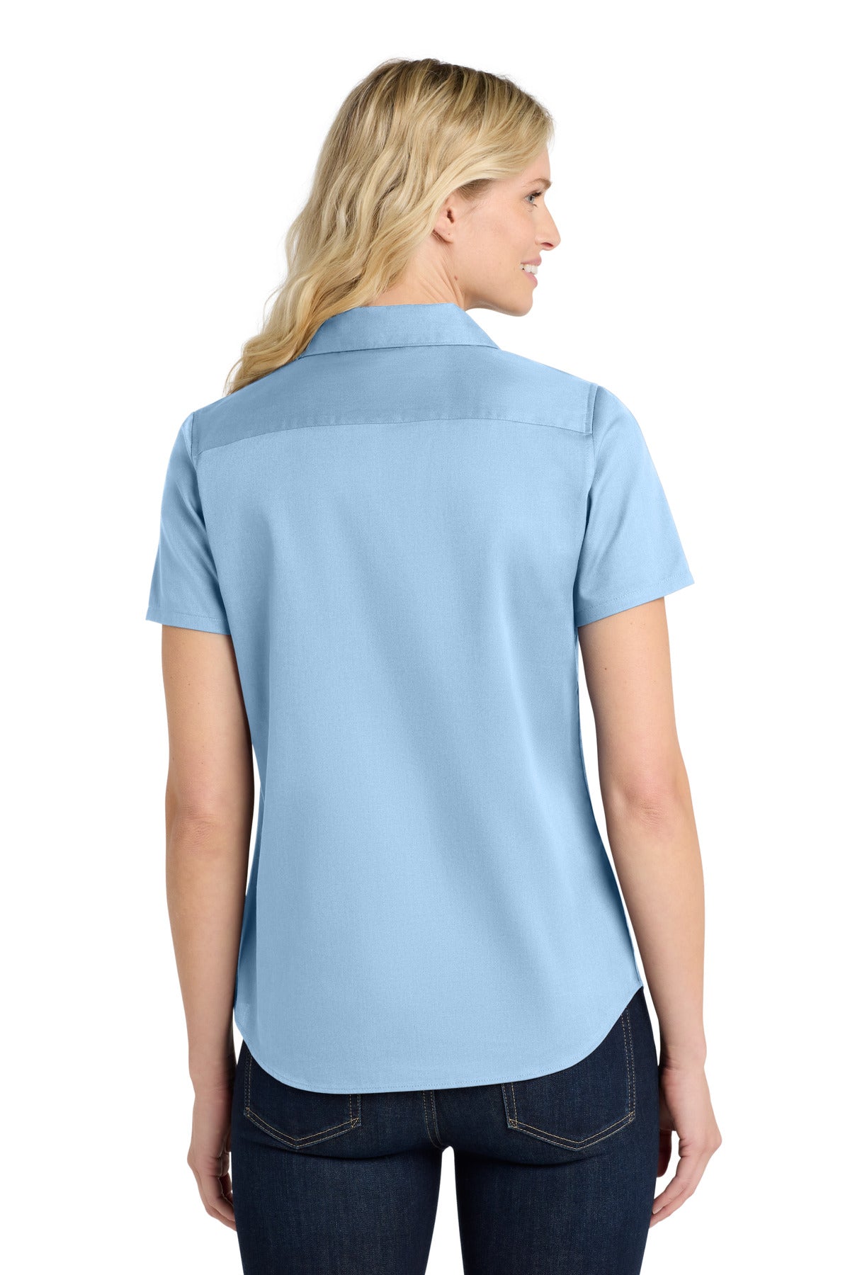 CloudBlue Port Authority Women's Short Sleeve SuperPro React Twill Shirt. LW809
