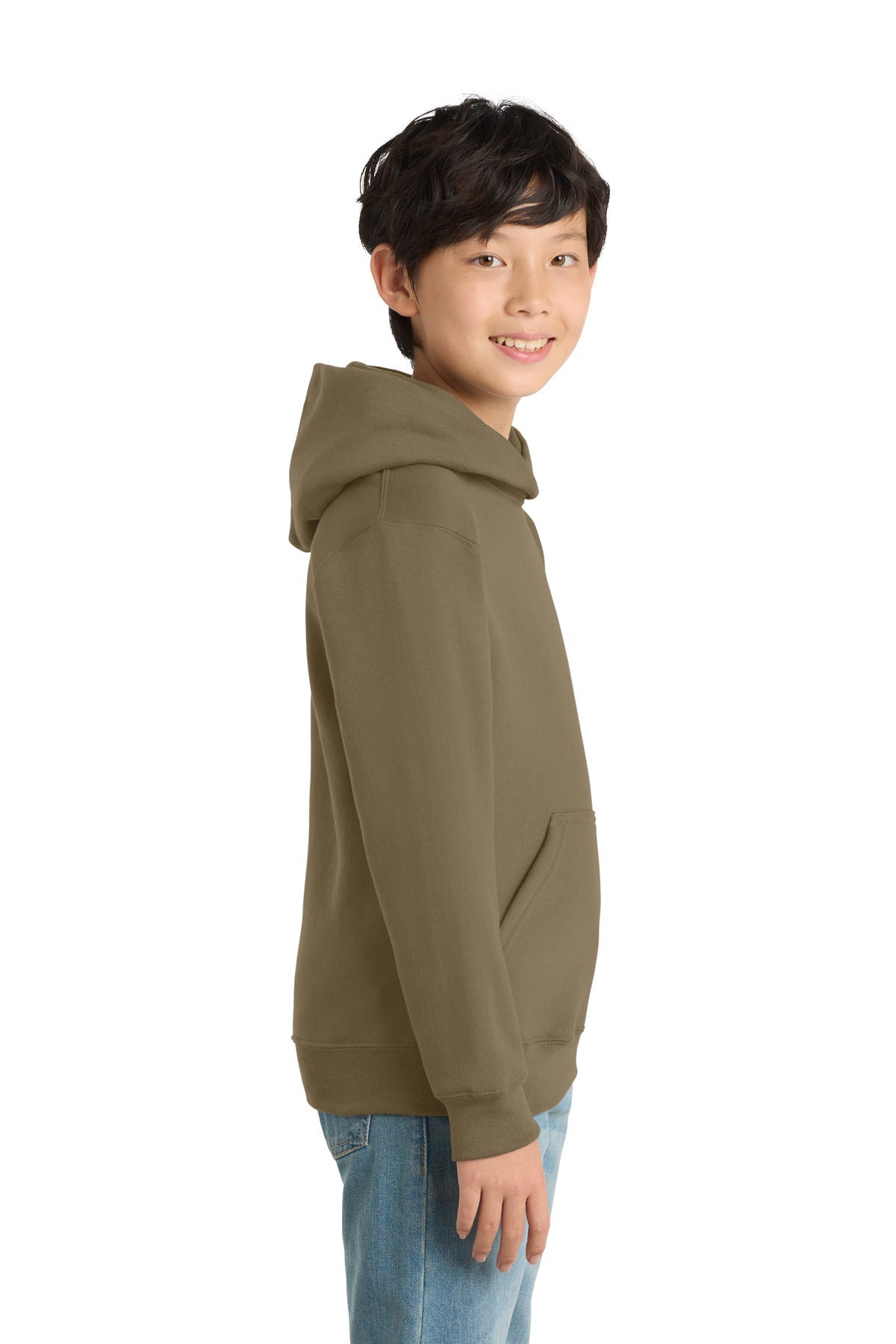 Coyote Brown Port & Co Youth Core Fleece Pullover Hooded Sweatshirt. PC90YH