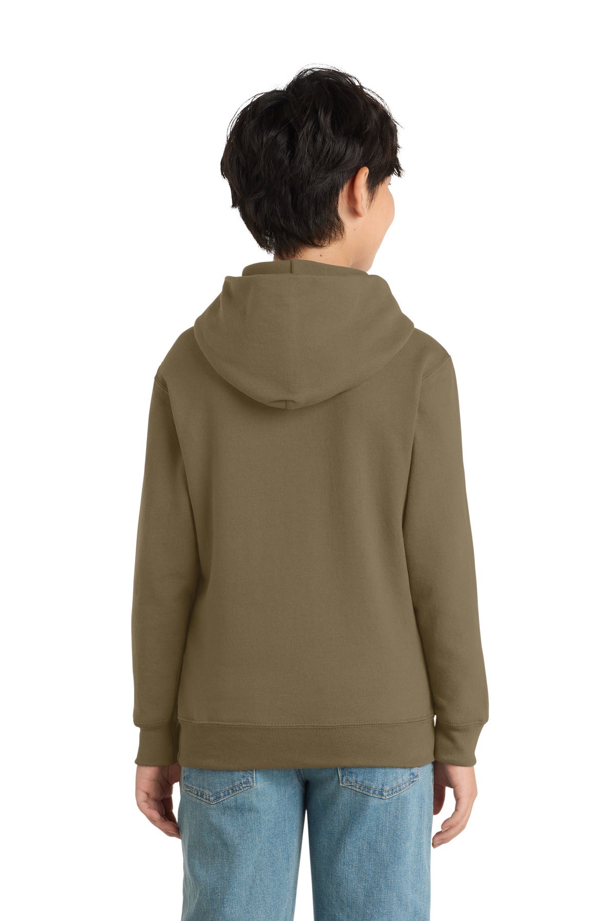 Coyote Brown Port & Co Youth Core Fleece Pullover Hooded Sweatshirt. PC90YH