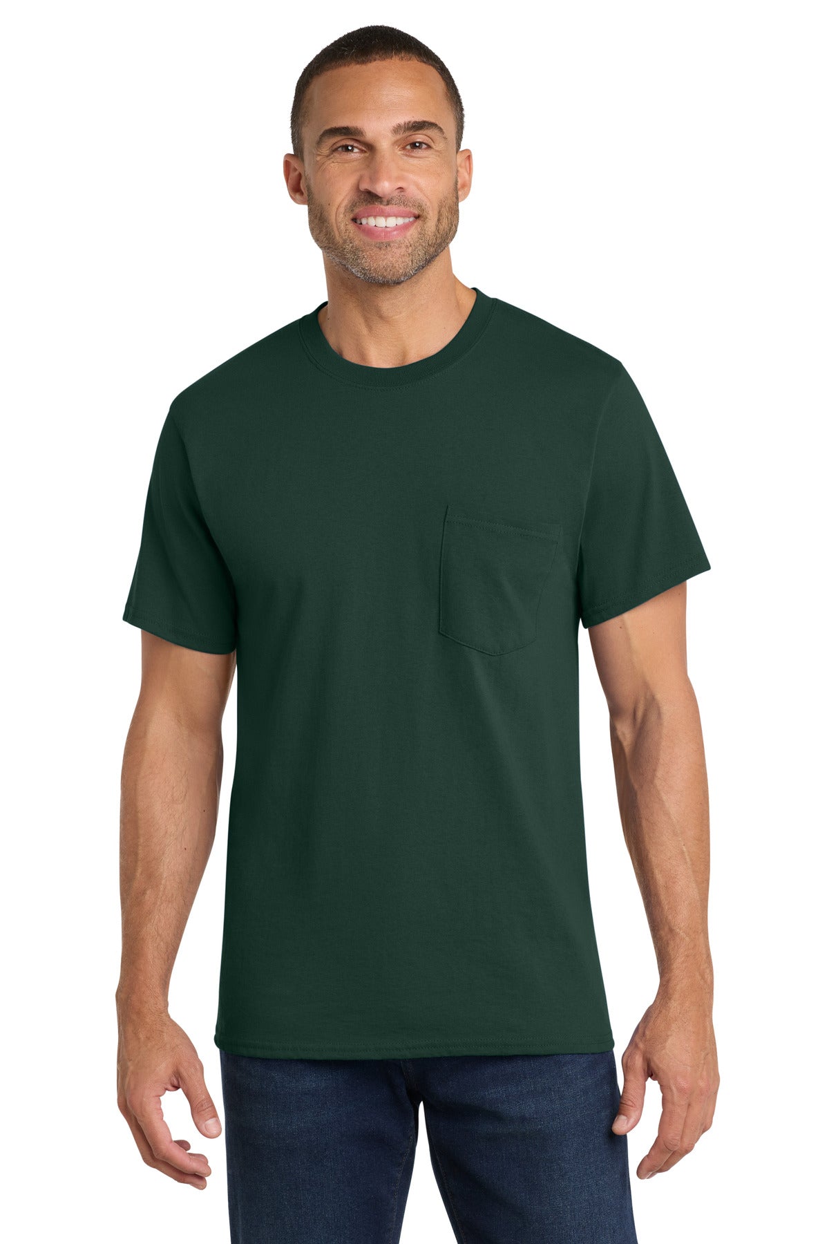 Dark Green Port & Co Core Cotton Pocket Tee. PC54P