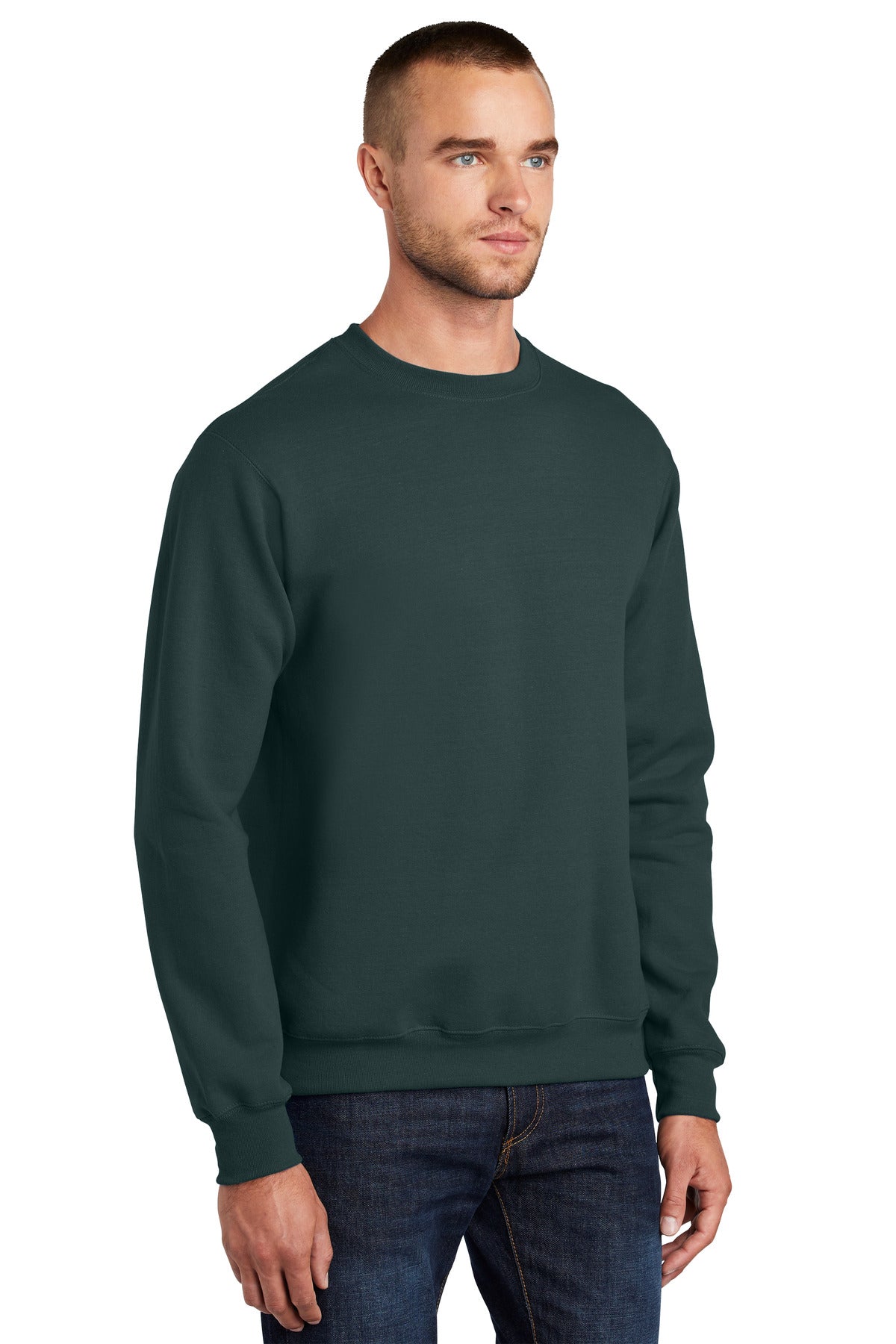 Dark Green Port & Co Essential Fleece Crewneck Sweatshirt. PC90