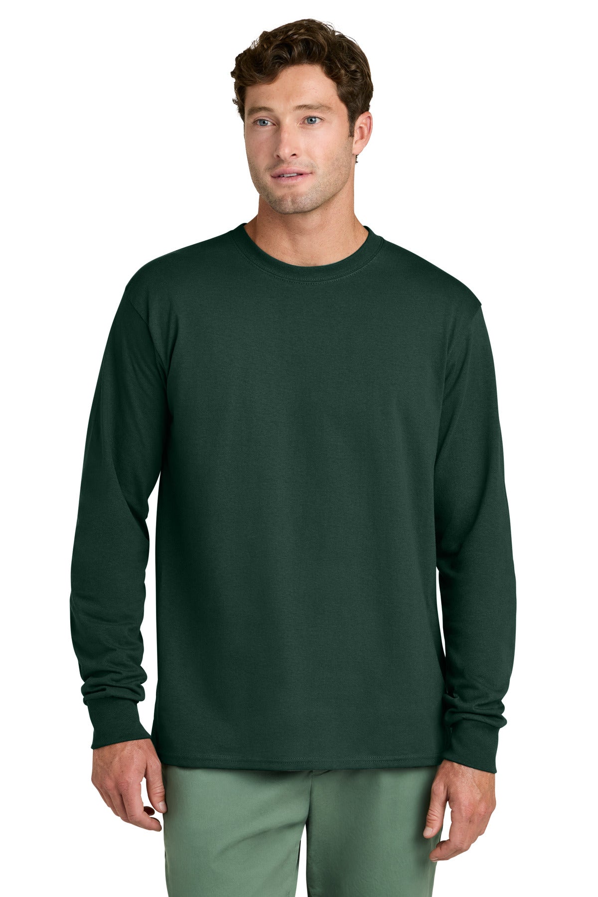 Dark Green Port & Co Long Sleeve Core Cotton Tee. PC54LS