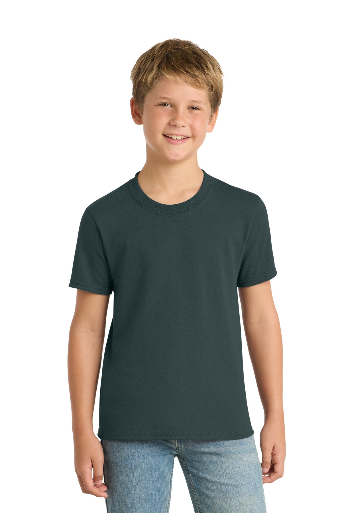 Dark Green Port & Co Youth Core Blend Tee. PC55Y