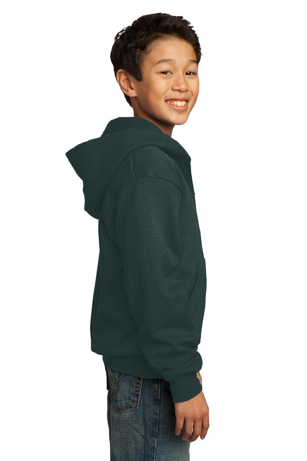 Dark Green Port & Co Youth Core Fleece Full-Zip Hooded Sweatshirt. PC90YZH