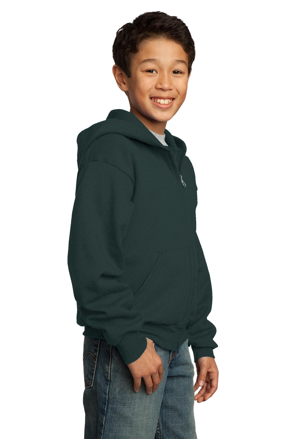 Dark Green Port & Co Youth Core Fleece Full-Zip Hooded Sweatshirt. PC90YZH
