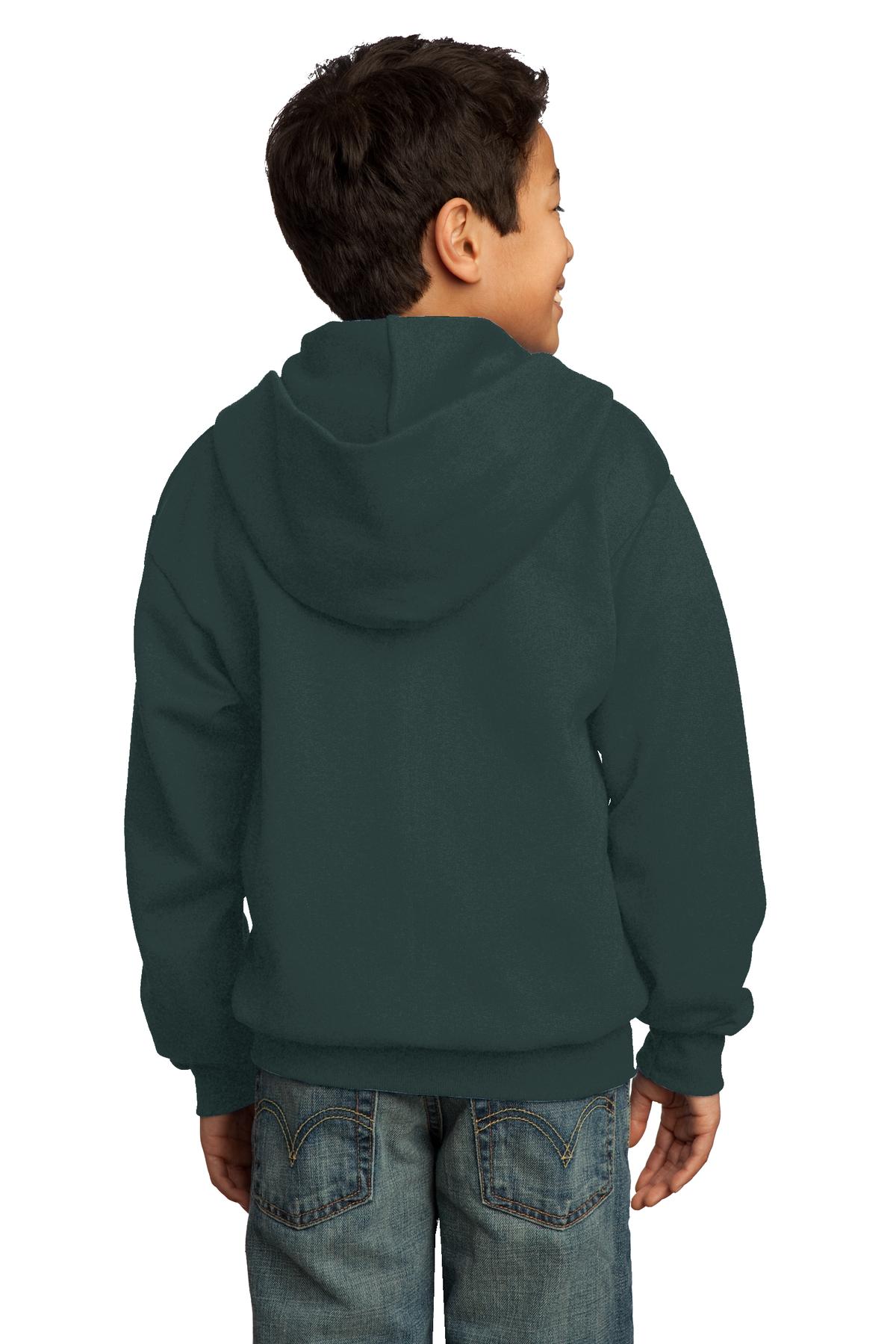 Dark Green Port & Co Youth Core Fleece Full-Zip Hooded Sweatshirt. PC90YZH