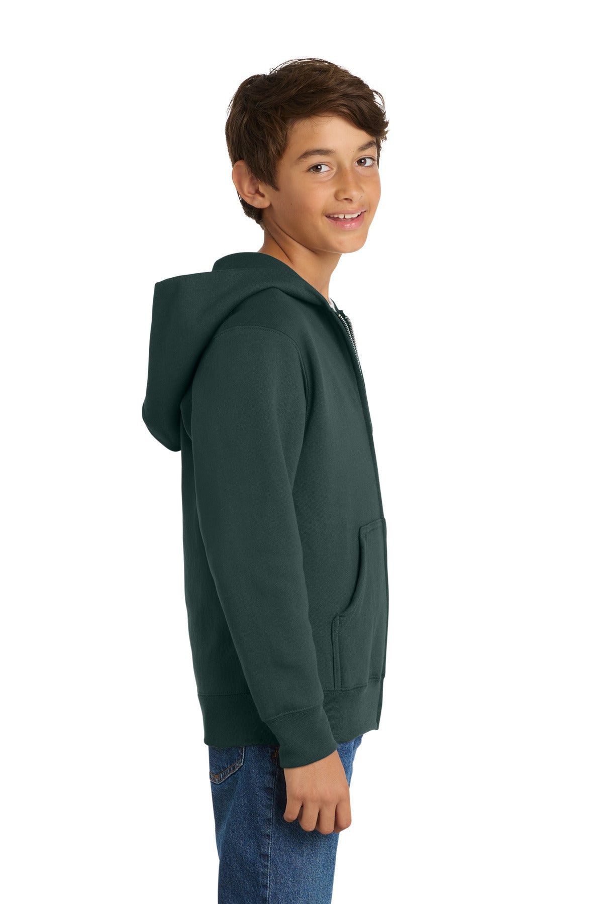 Dark Green Port & Co Youth Core Fleece Full-Zip Hooded Sweatshirt. PC90YZH
