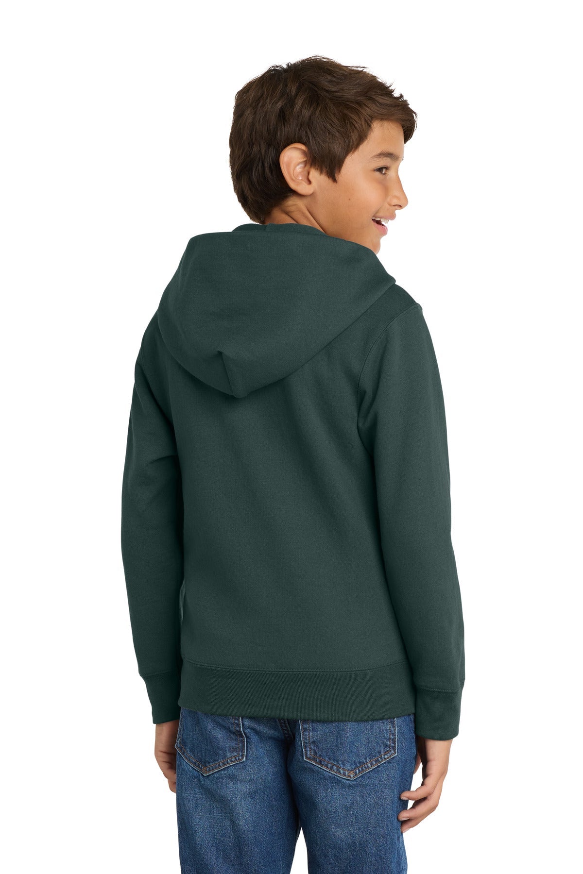 Dark Green Port & Co Youth Core Fleece Full-Zip Hooded Sweatshirt. PC90YZH