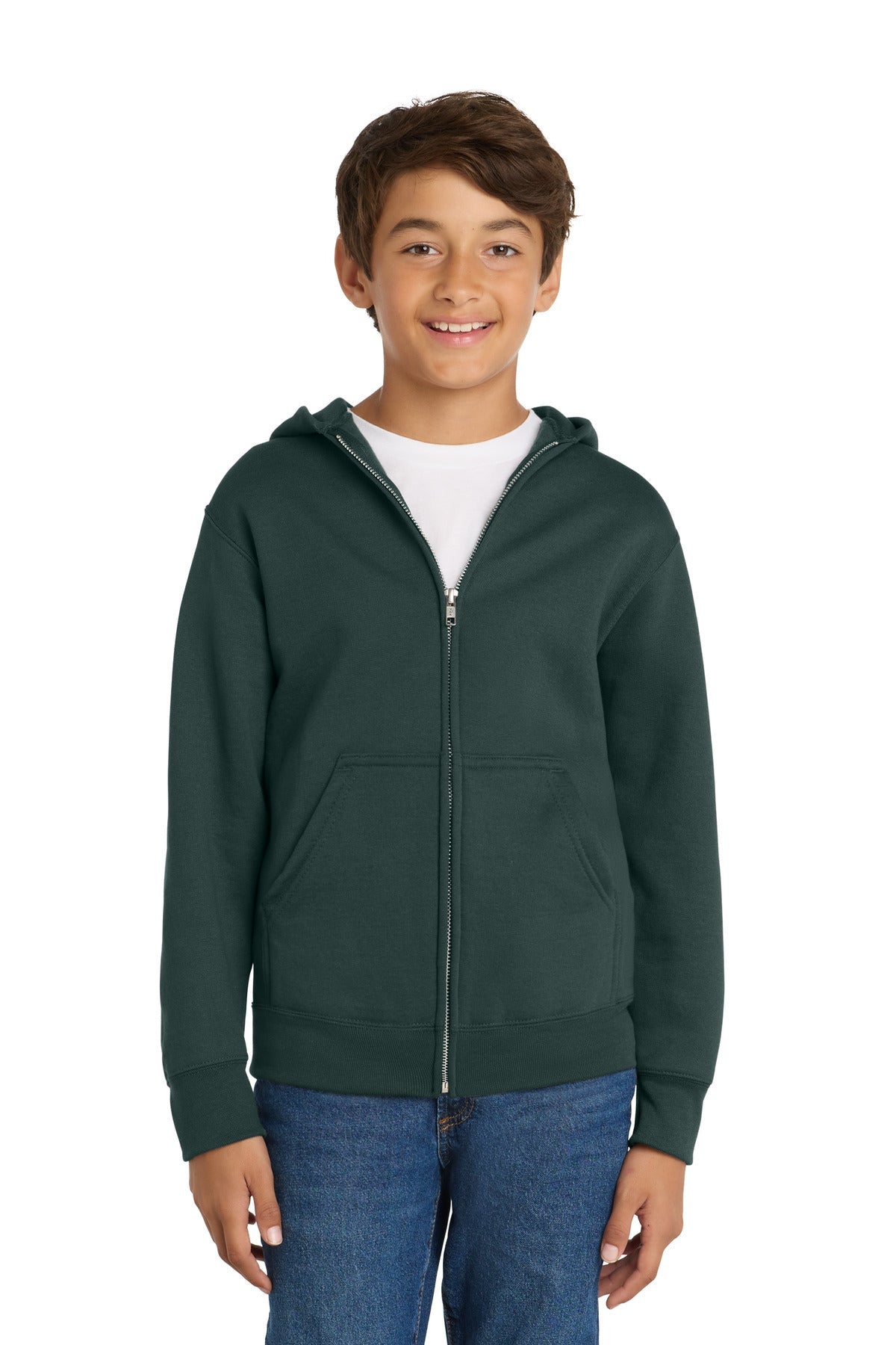 Dark Green Port & Co Youth Core Fleece Full-Zip Hooded Sweatshirt. PC90YZH