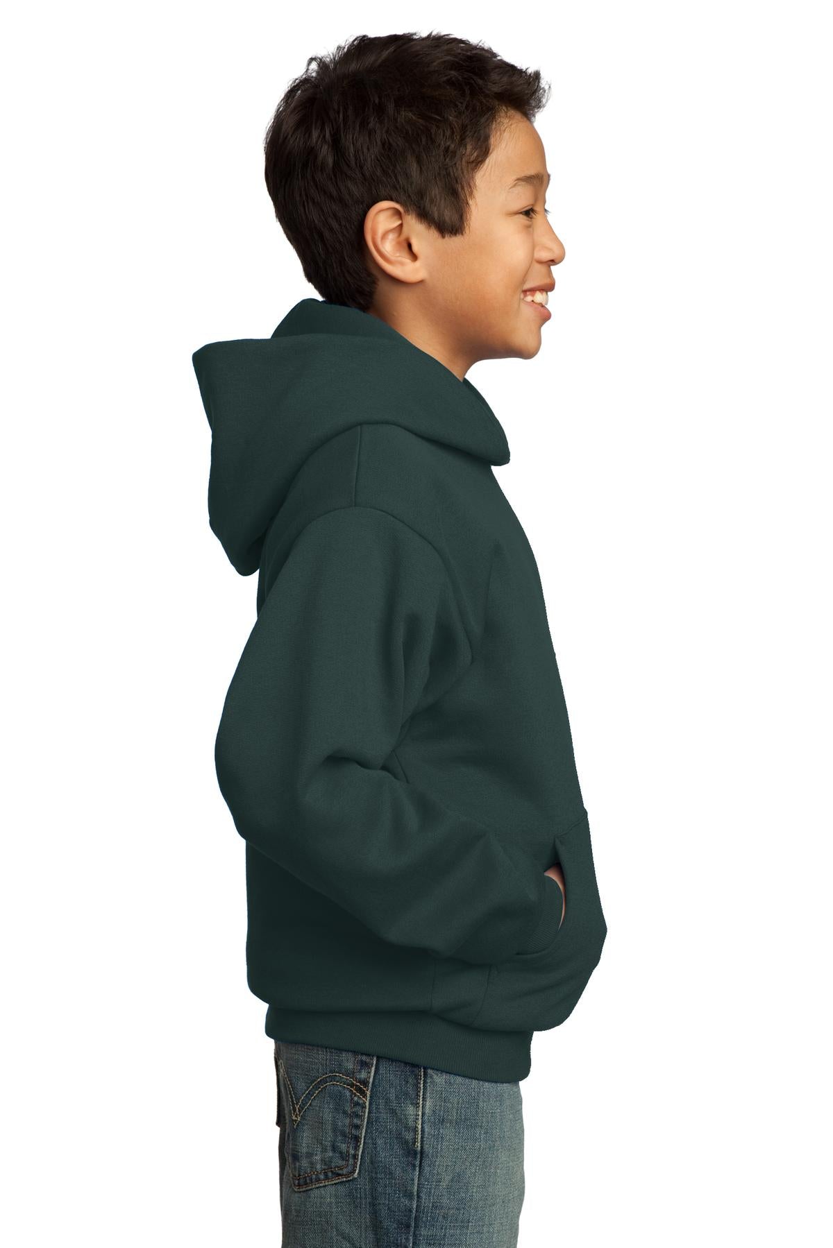 Dark Green Port & Co Youth Core Fleece Pullover Hooded Sweatshirt. PC90YH