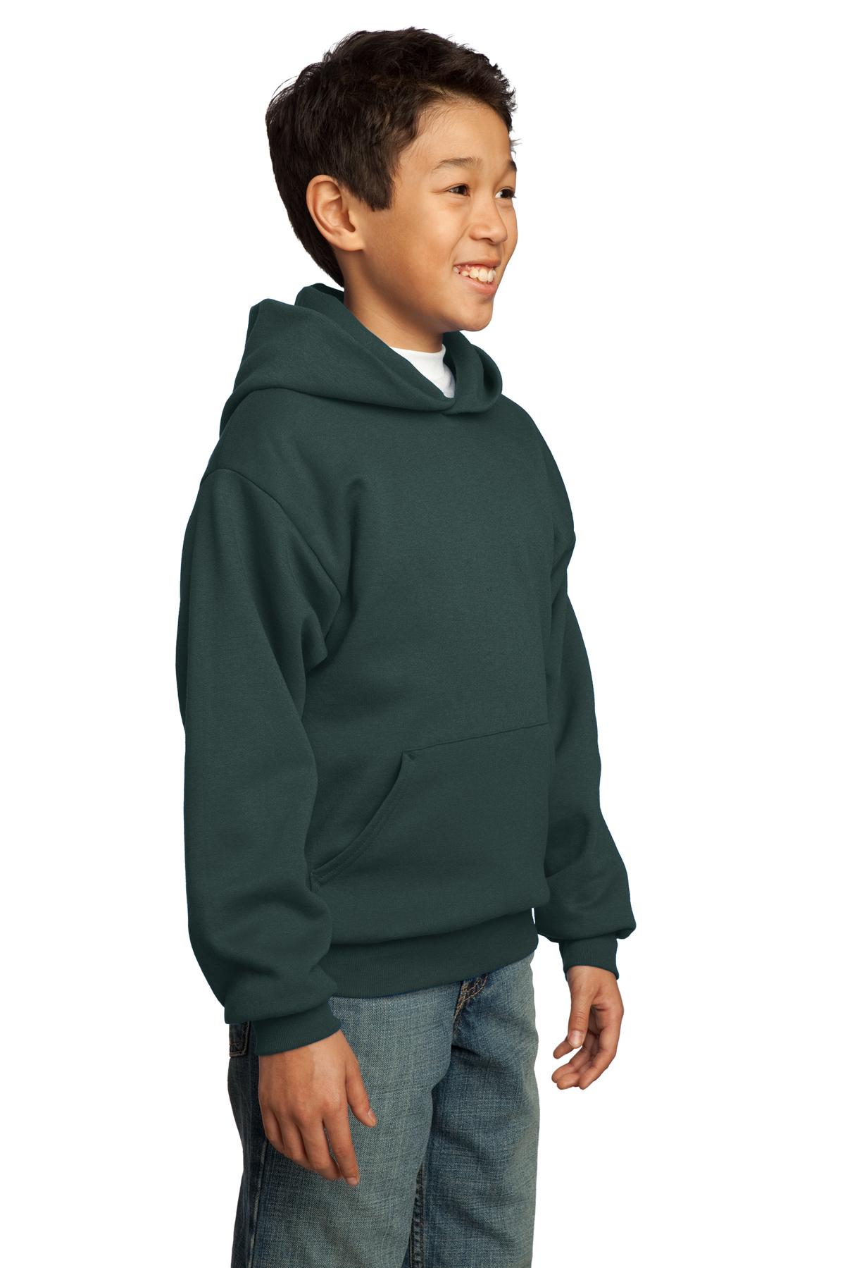 Dark Green Port & Co Youth Core Fleece Pullover Hooded Sweatshirt. PC90YH