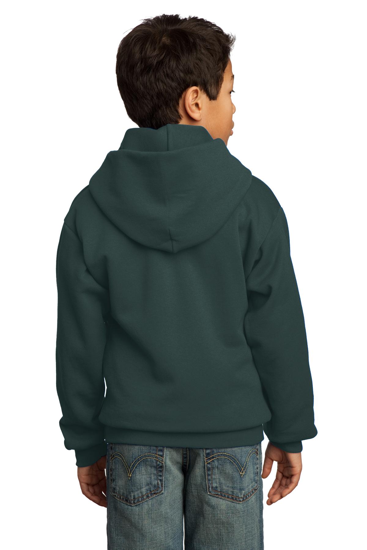 Dark Green Port & Co Youth Core Fleece Pullover Hooded Sweatshirt. PC90YH