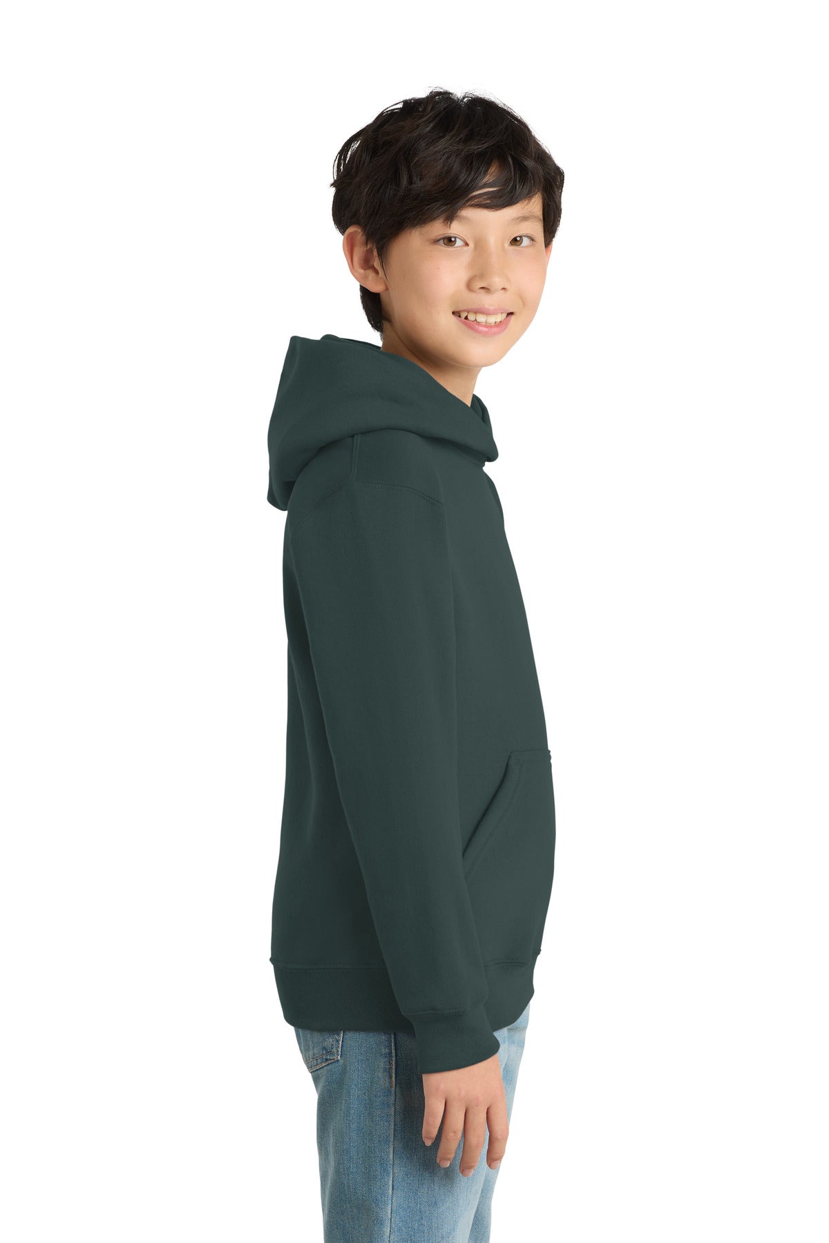 Dark Green Port & Co Youth Core Fleece Pullover Hooded Sweatshirt. PC90YH
