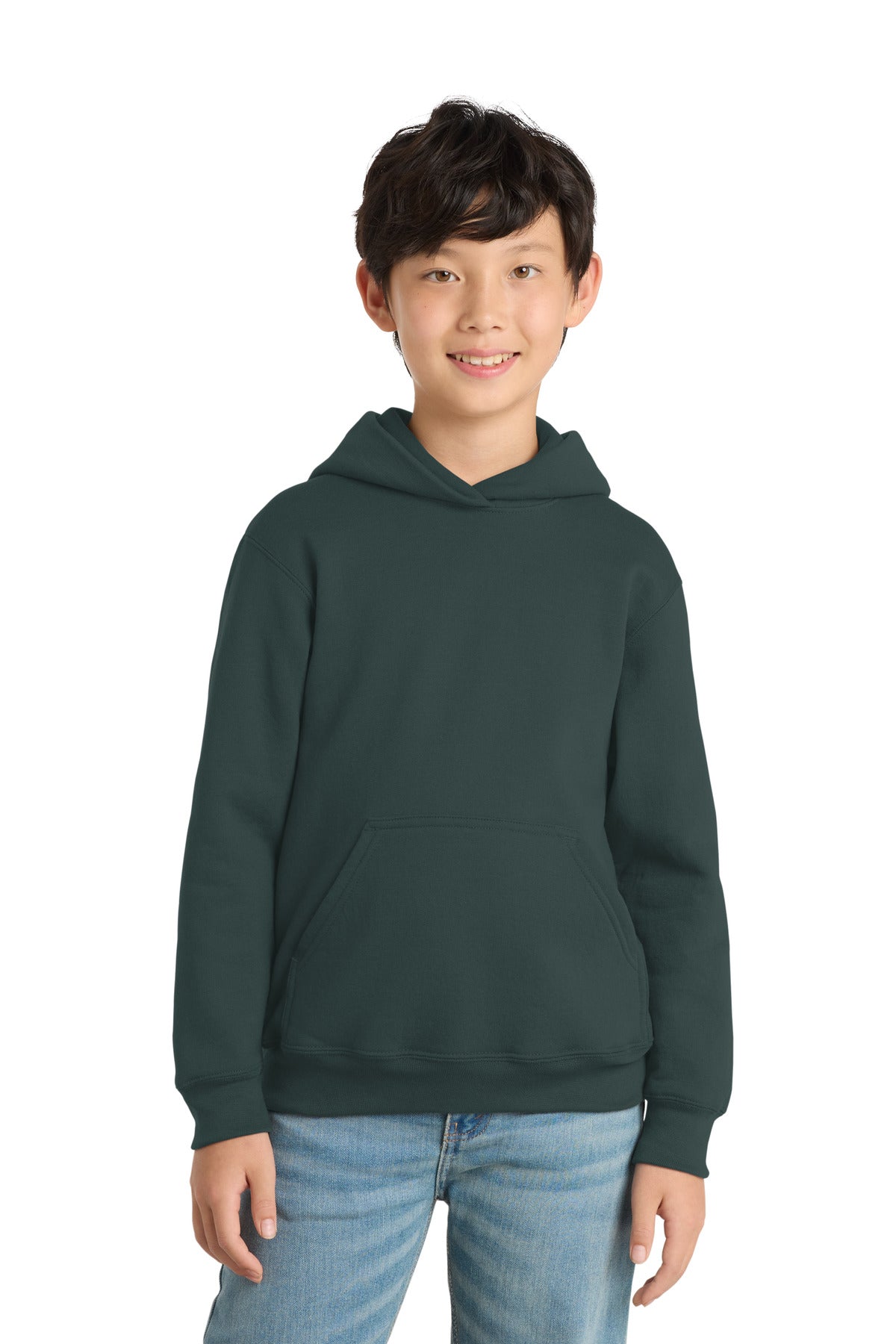 Dark Green Port & Co Youth Core Fleece Pullover Hooded Sweatshirt. PC90YH