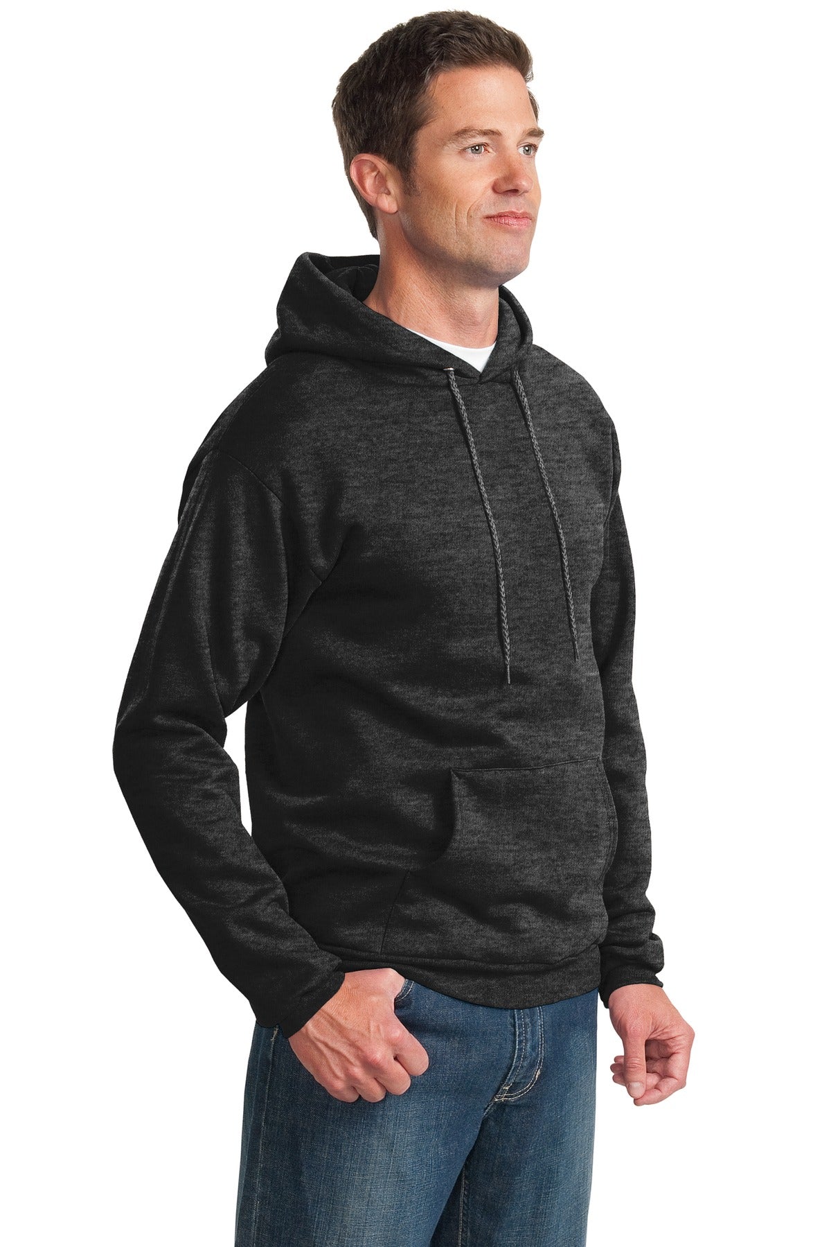 Dark Hthr Grey Port & Co Essential Fleece Pullover Hooded Sweatshirt. PC90H