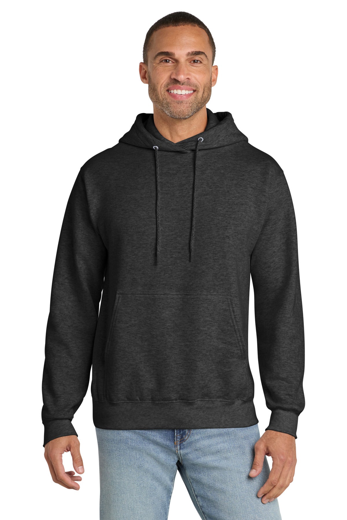 Dark Hthr Grey Port & Co Essential Fleece Pullover Hooded Sweatshirt. PC90H