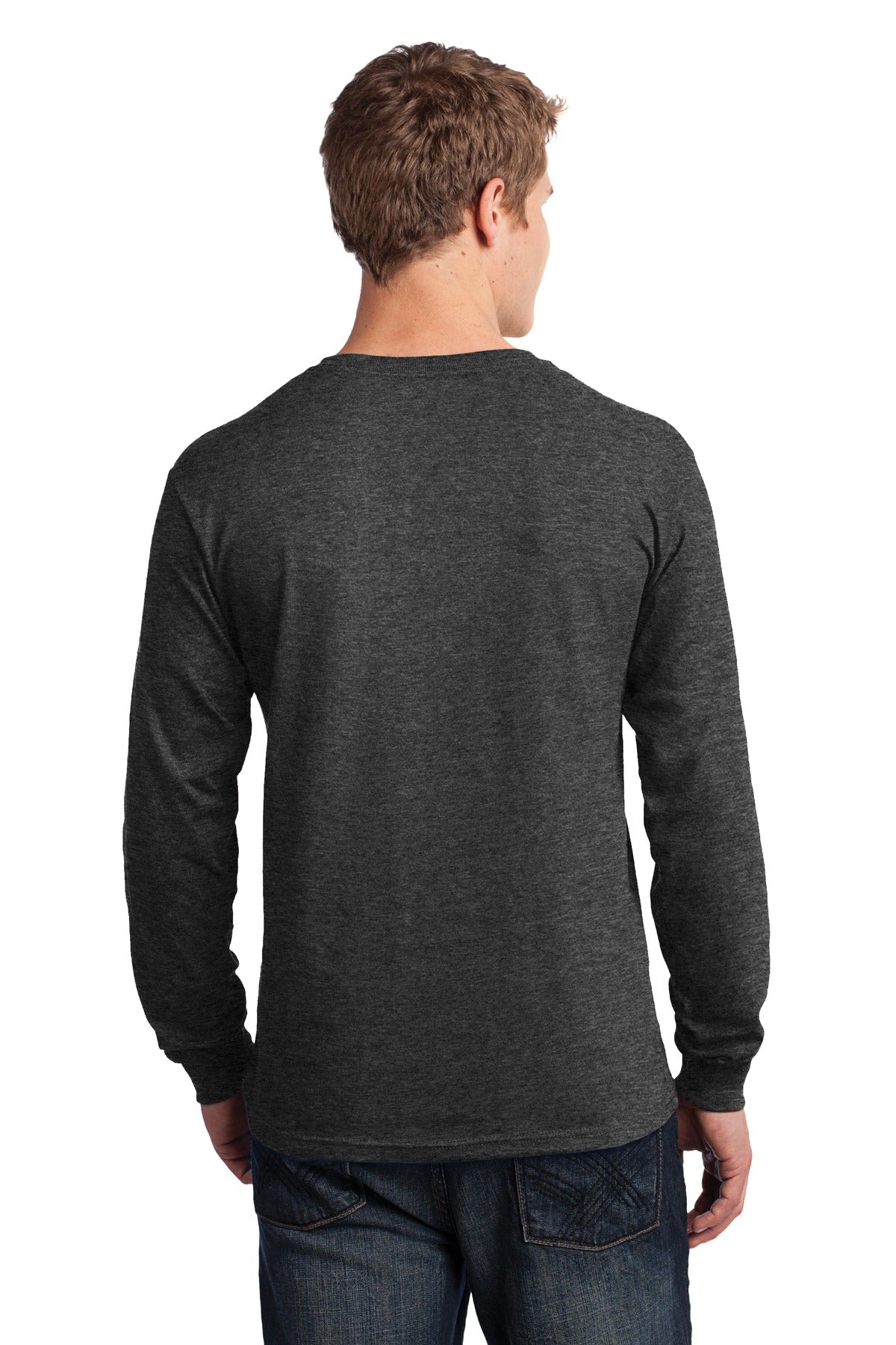 Dark Hthr Grey Port & Co Long Sleeve Core Cotton Tee. PC54LS