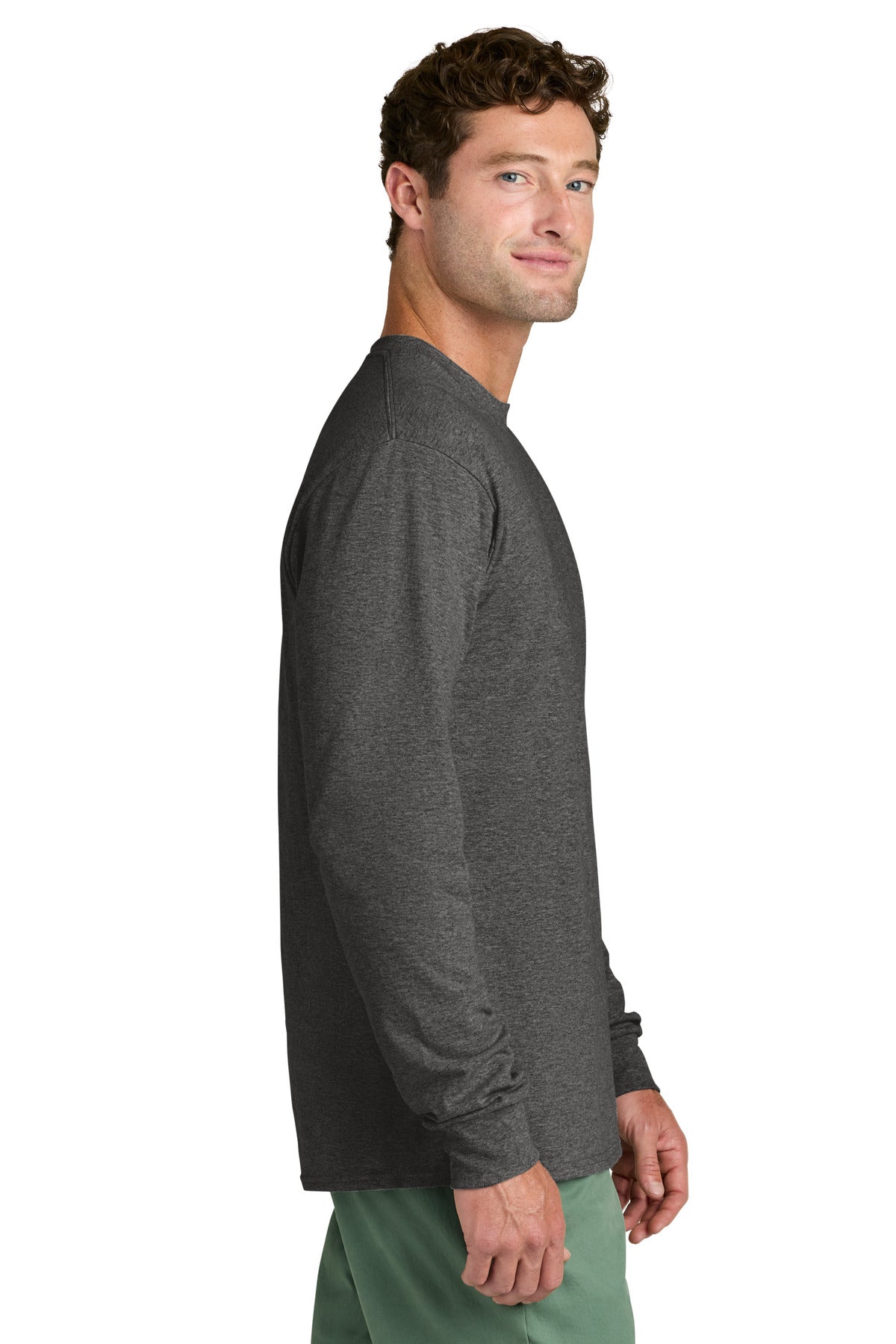 Dark Hthr Grey Port & Co Long Sleeve Core Cotton Tee. PC54LS