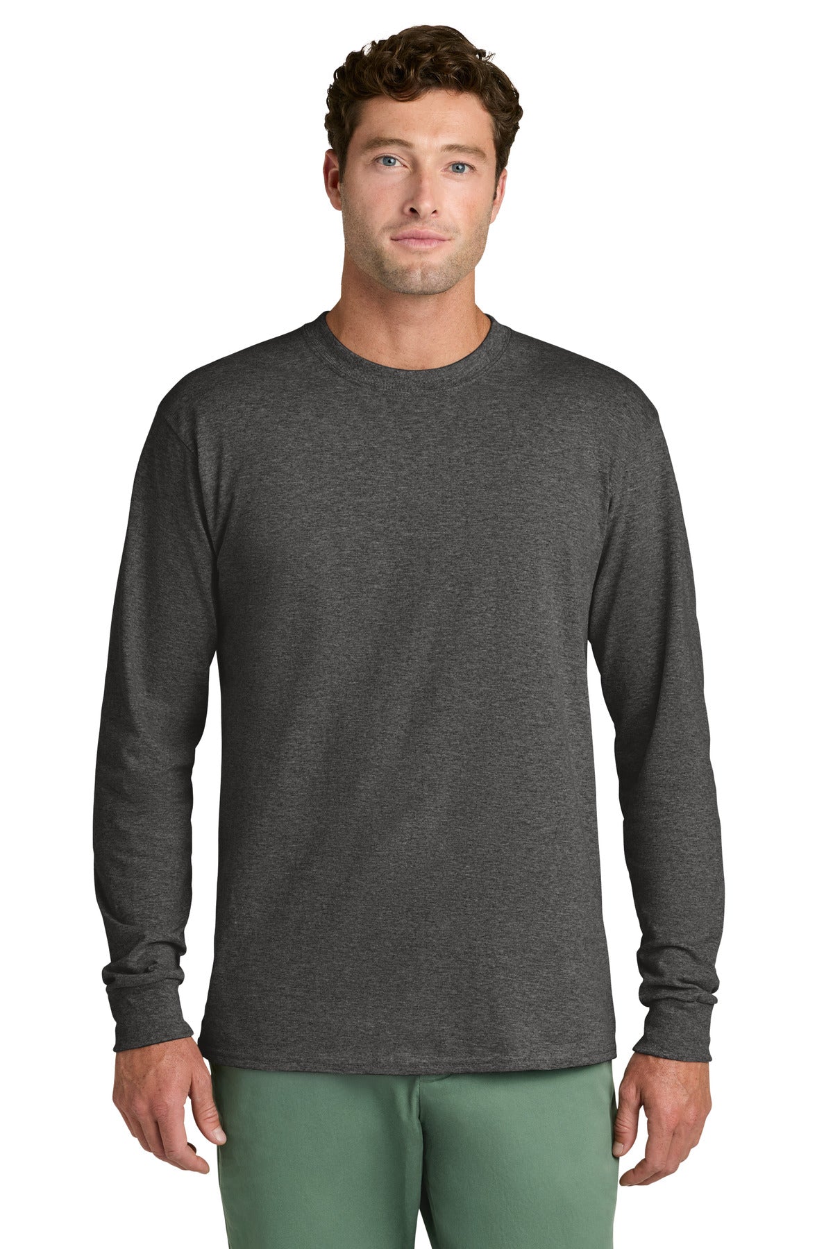 Dark Hthr Grey Port & Co Long Sleeve Core Cotton Tee. PC54LS