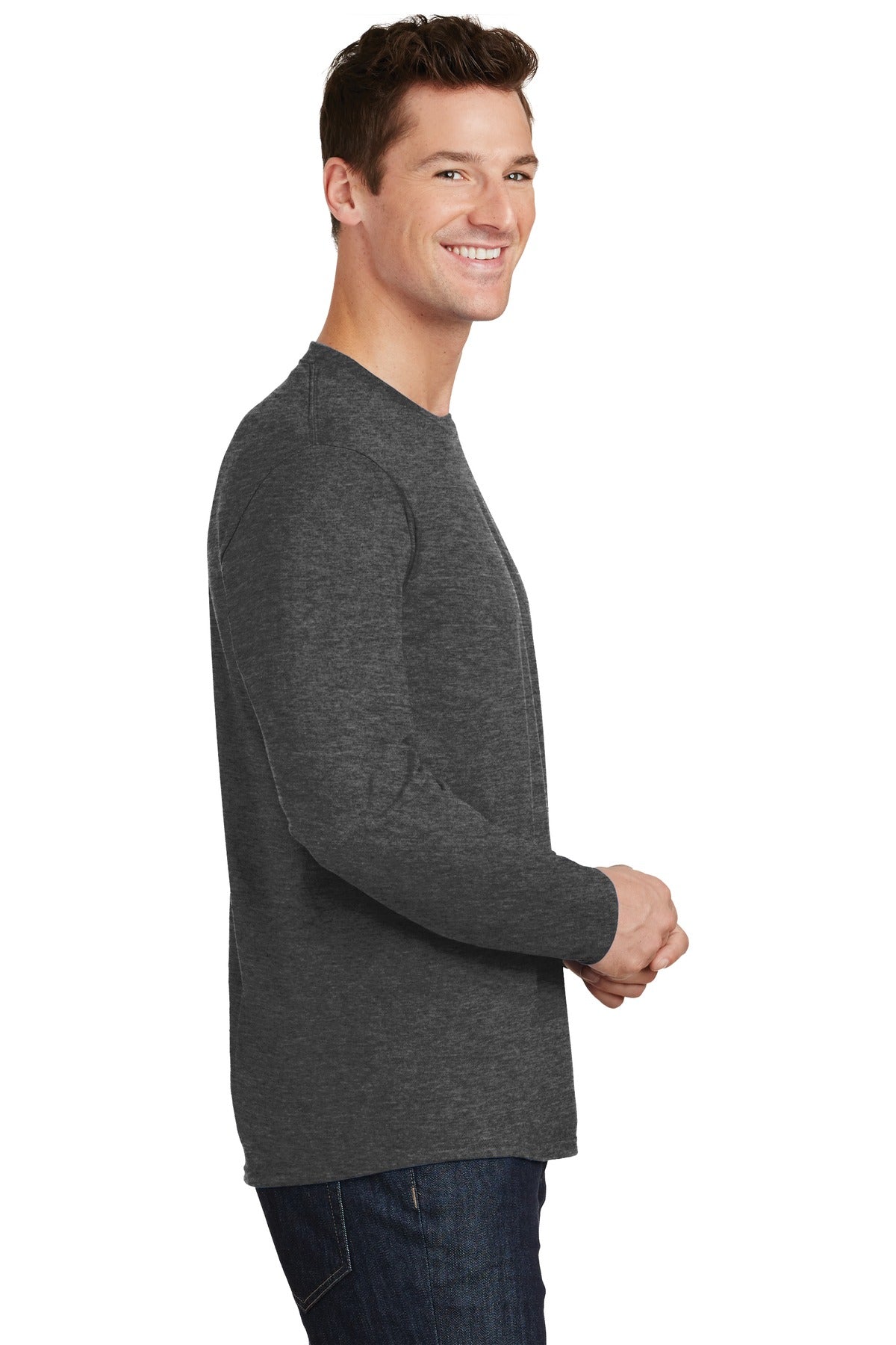 Dark Hthr Grey Port & Co Long Sleeve Fan Favorite Tee. PC450LS