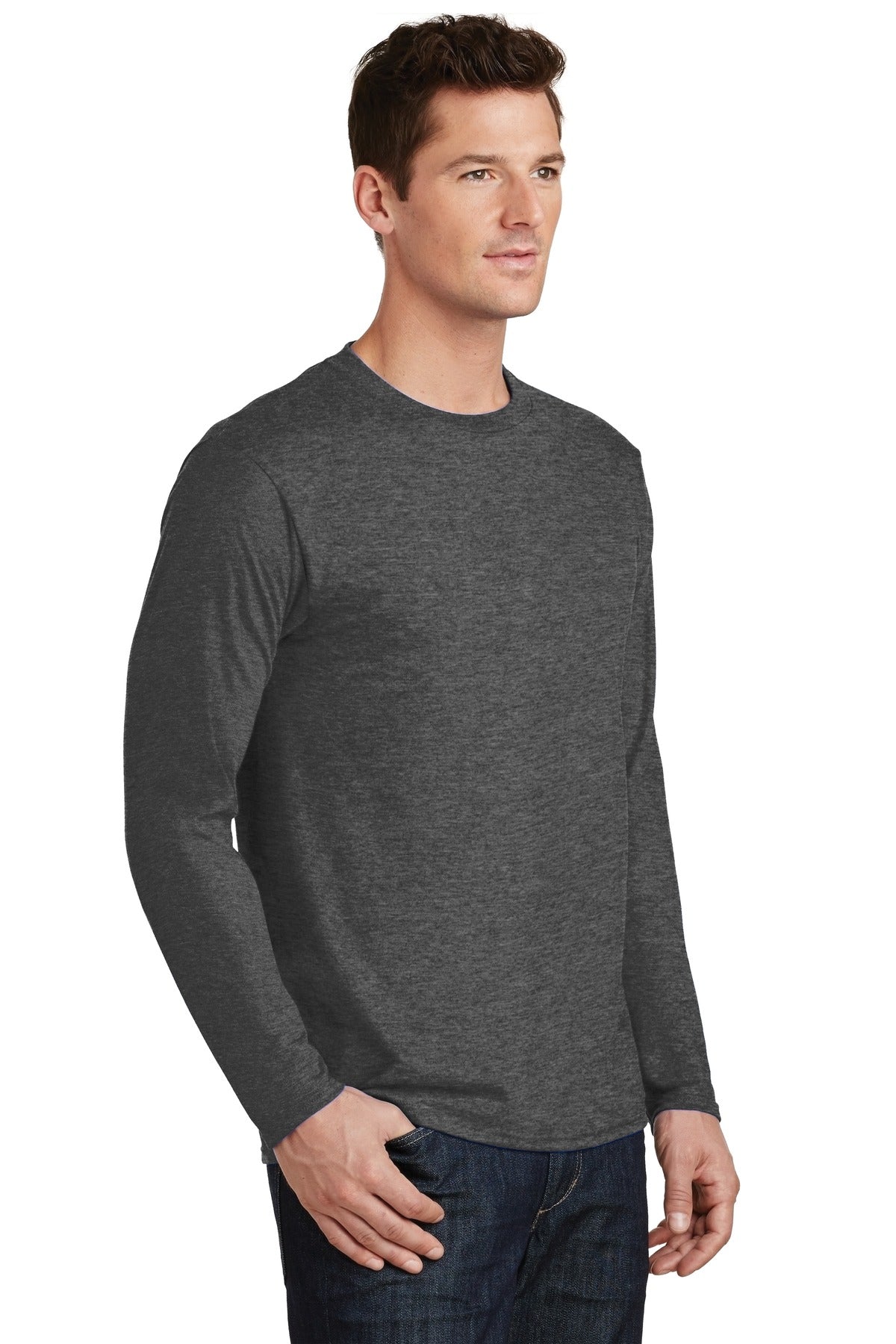 Dark Hthr Grey Port & Co Long Sleeve Fan Favorite Tee. PC450LS