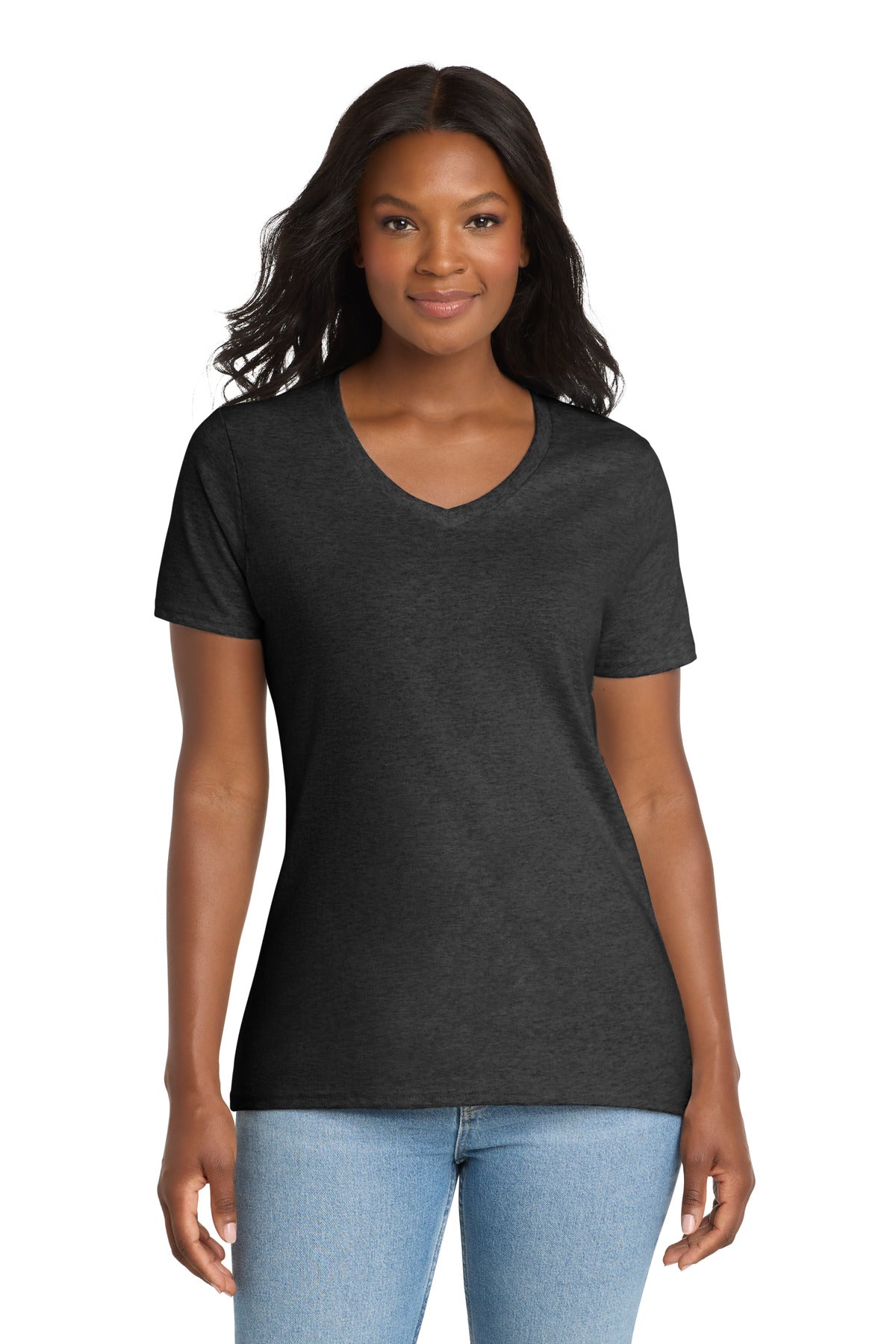 Dark Hthr Grey Port & Co Women's Core Cotton V-Neck Tee. LPC54V
