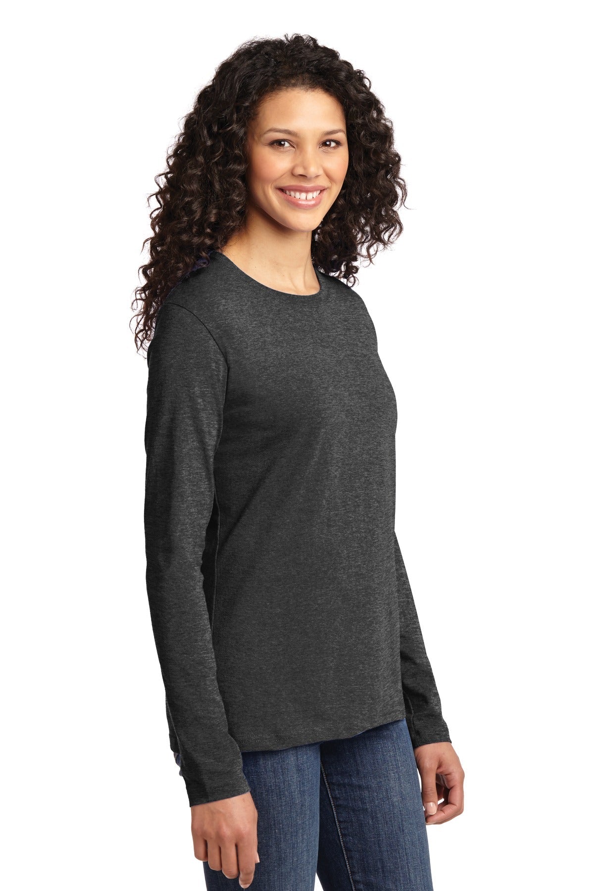 Dark Hthr Grey Port & Co Women's Long Sleeve Core Cotton Tee. LPC54LS