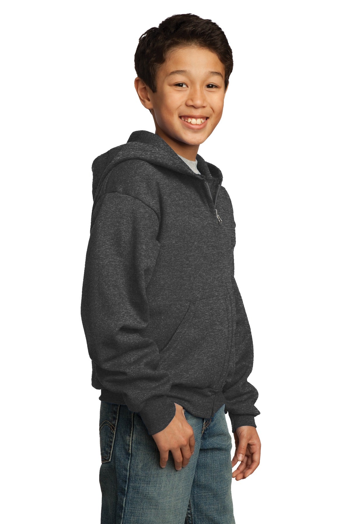 Dark Hthr Grey Port & Co Youth Core Fleece Full-Zip Hooded Sweatshirt. PC90YZH