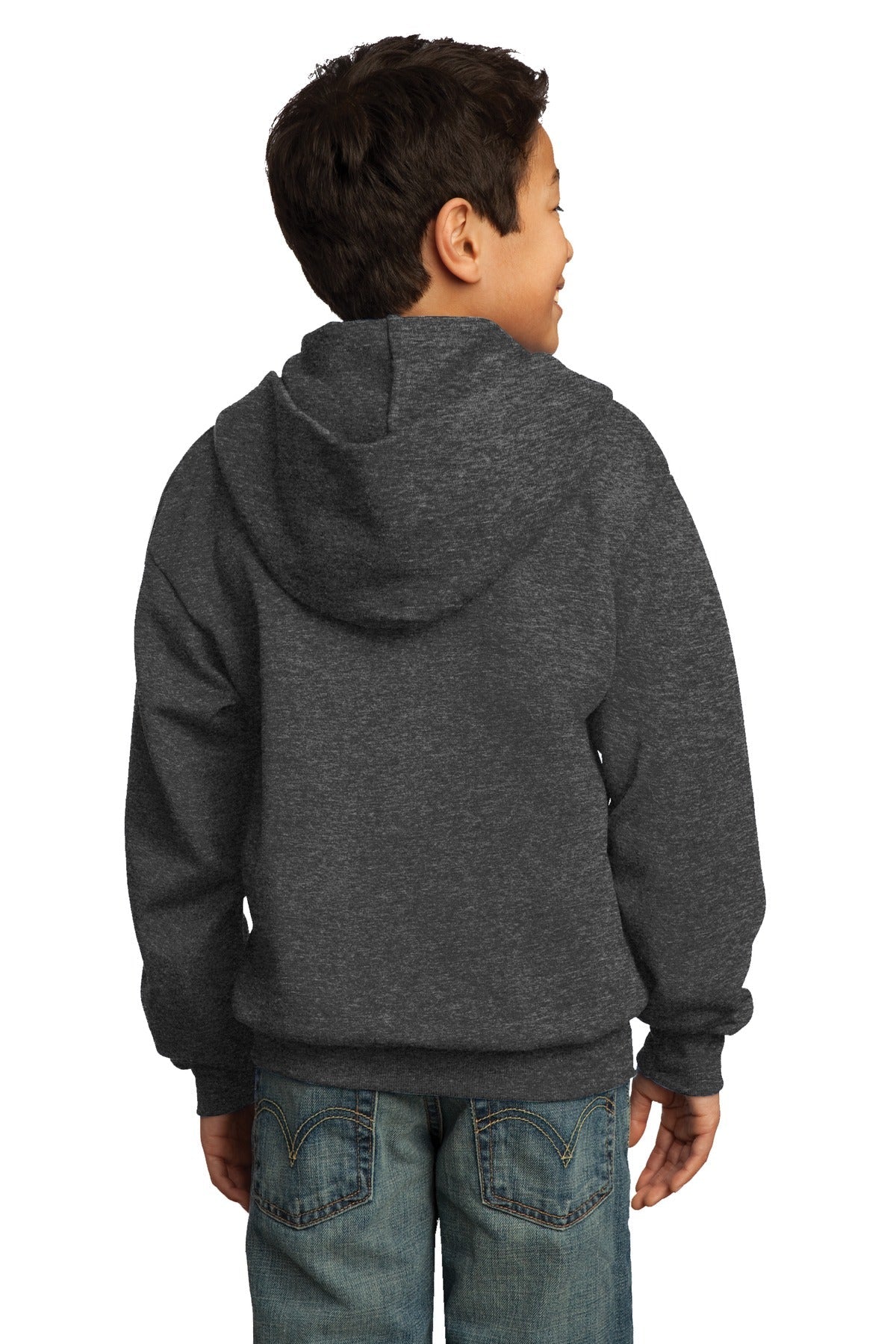 Dark Hthr Grey Port & Co Youth Core Fleece Full-Zip Hooded Sweatshirt. PC90YZH