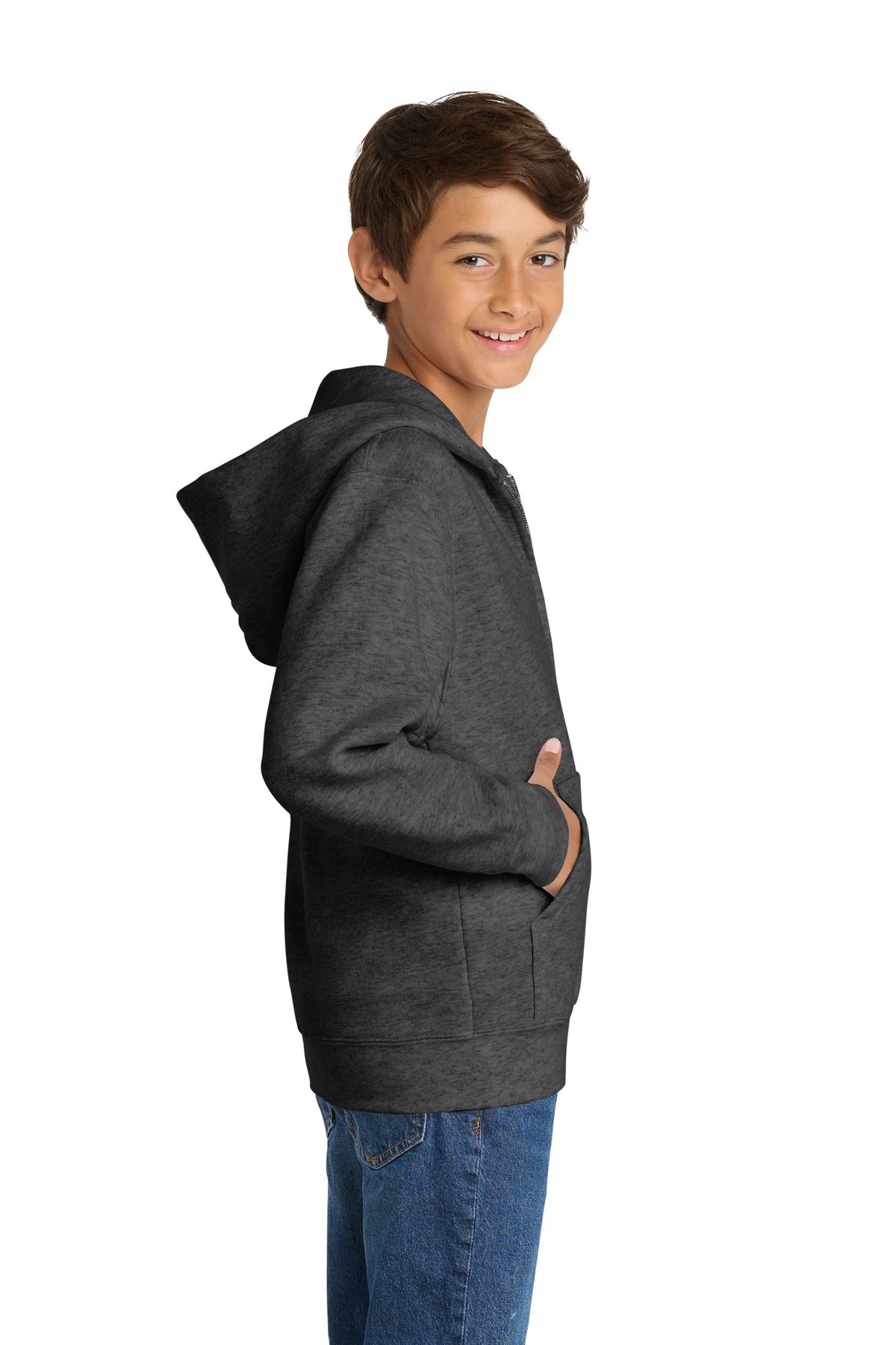 Dark Hthr Grey Port & Co Youth Core Fleece Full-Zip Hooded Sweatshirt. PC90YZH