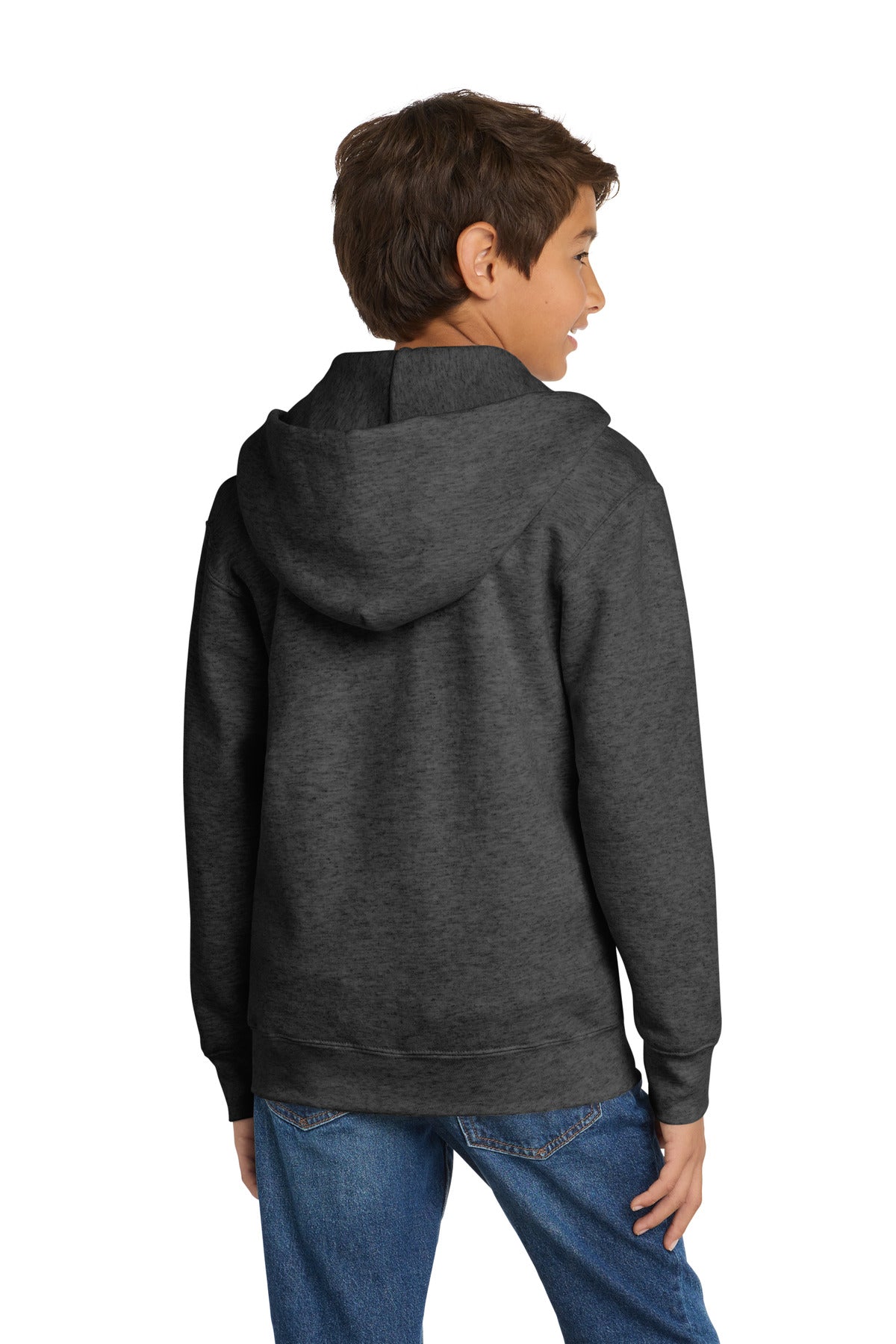 Dark Hthr Grey Port & Co Youth Core Fleece Full-Zip Hooded Sweatshirt. PC90YZH