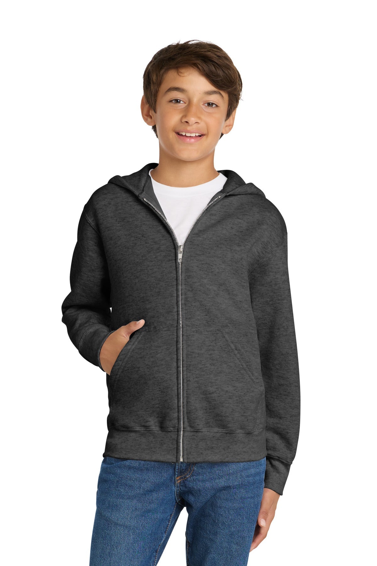 Dark Hthr Grey Port & Co Youth Core Fleece Full-Zip Hooded Sweatshirt. PC90YZH