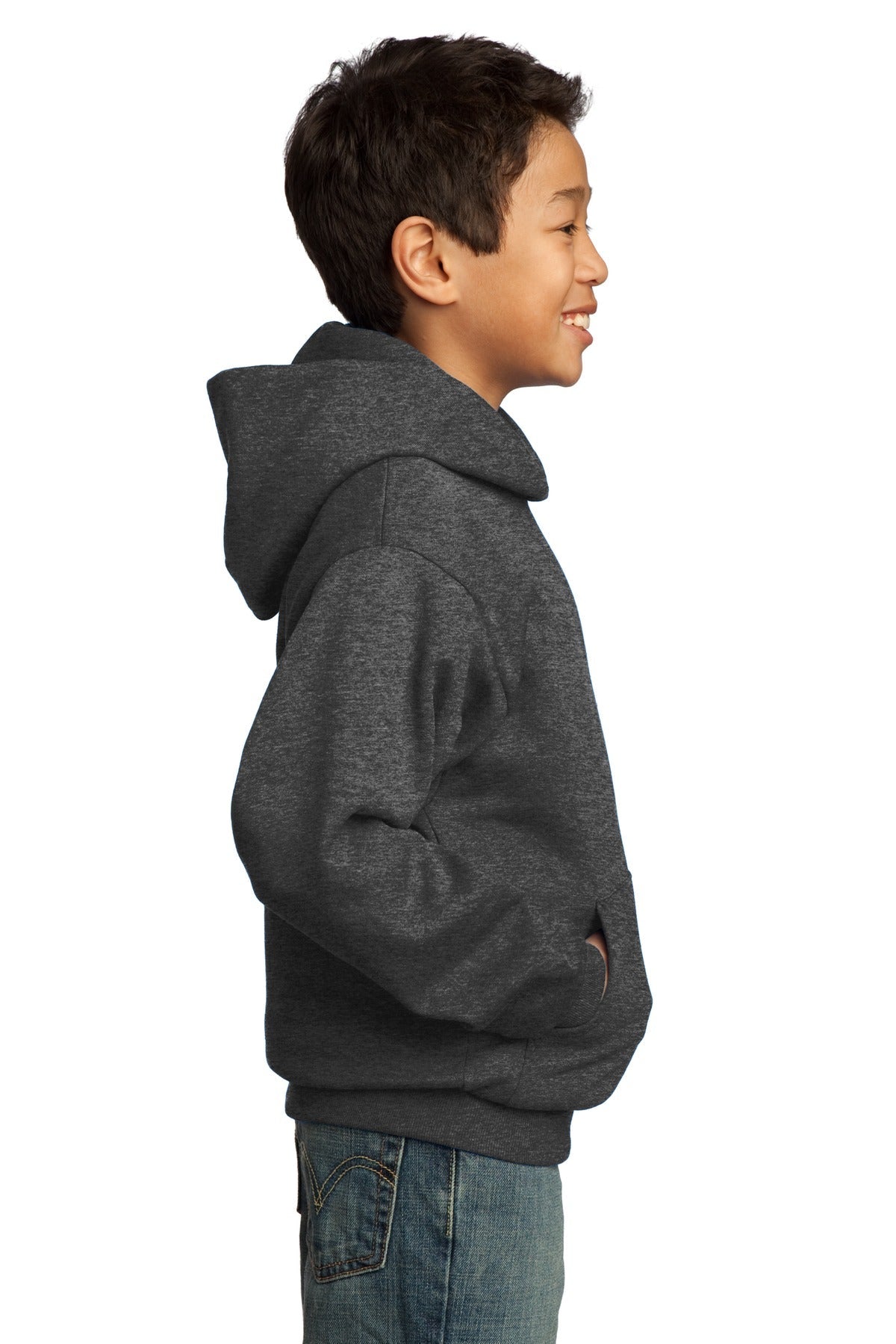 Dark Hthr Grey Port & Co Youth Core Fleece Pullover Hooded Sweatshirt. PC90YH