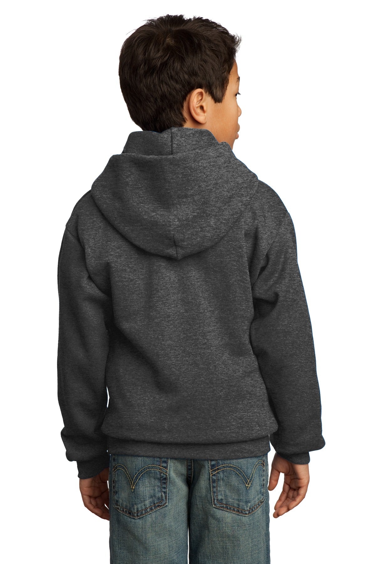 Dark Hthr Grey Port & Co Youth Core Fleece Pullover Hooded Sweatshirt. PC90YH