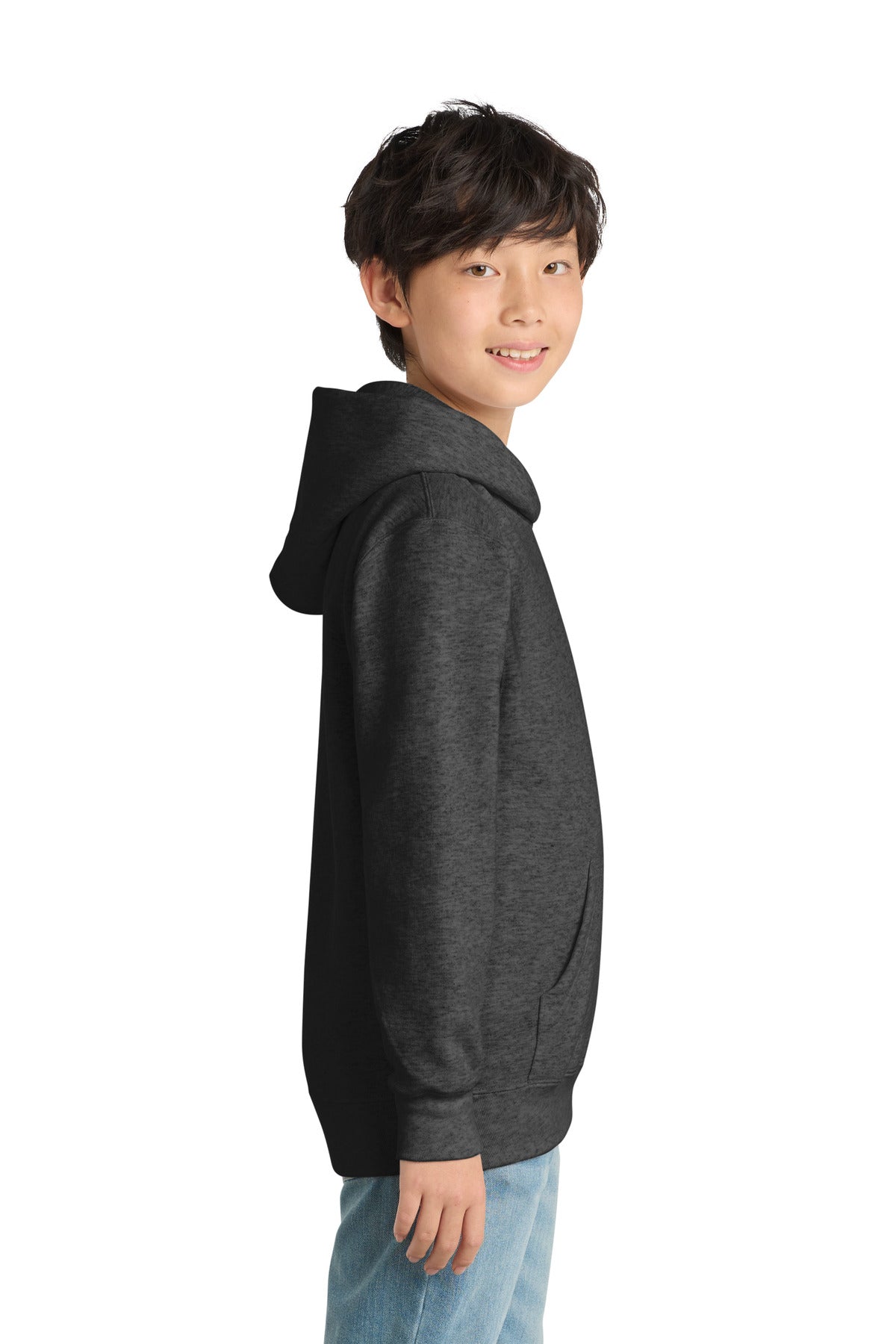 Dark Hthr Grey Port & Co Youth Core Fleece Pullover Hooded Sweatshirt. PC90YH