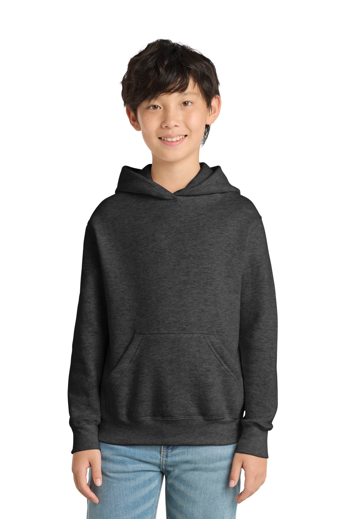 Dark Hthr Grey Port & Co Youth Core Fleece Pullover Hooded Sweatshirt. PC90YH