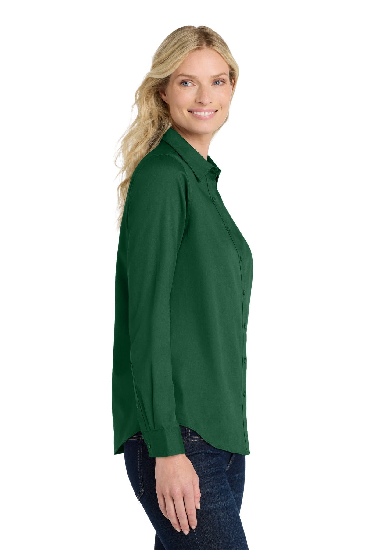 DarkGreen Port Authority Women's Long Sleeve SuperPro React Twill Shirt. LW808
