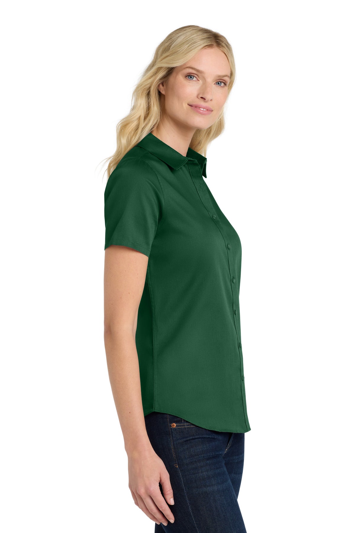 DarkGreen Port Authority Women's Short Sleeve SuperPro React Twill Shirt. LW809