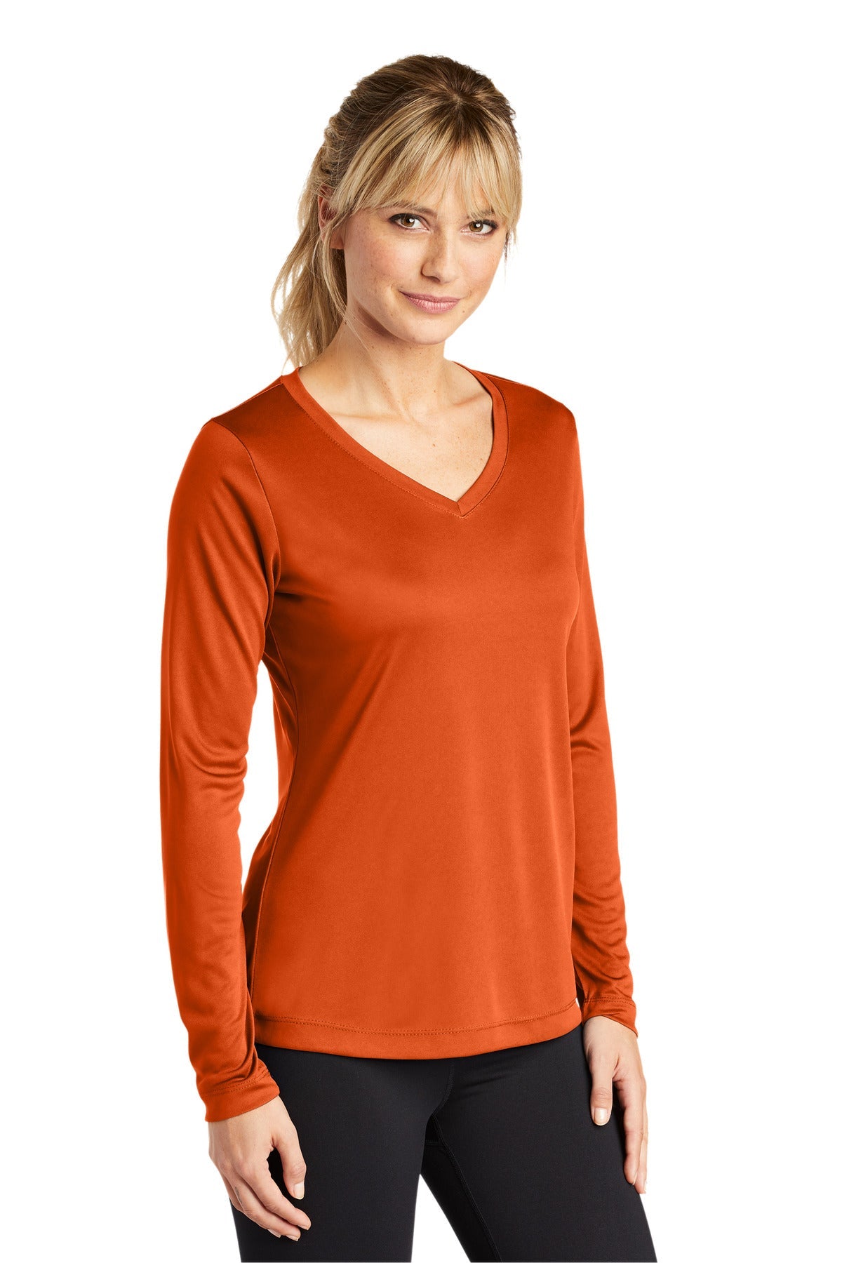 Deep Orange Sport-Tek Women's Long Sleeve PosiCharge Competitor V-Neck Tee. LST353LS