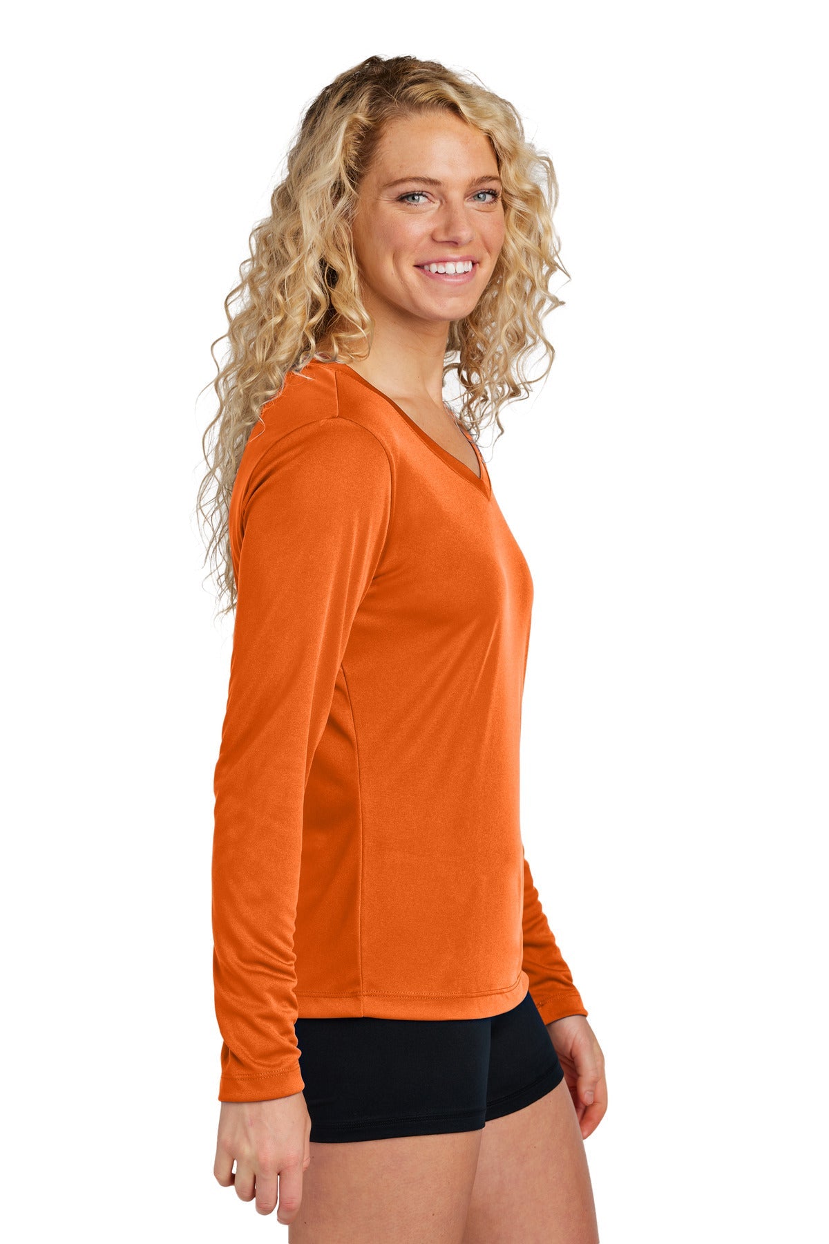 Deep Orange Sport-Tek Women's Long Sleeve PosiCharge Competitor V-Neck Tee. LST353LS