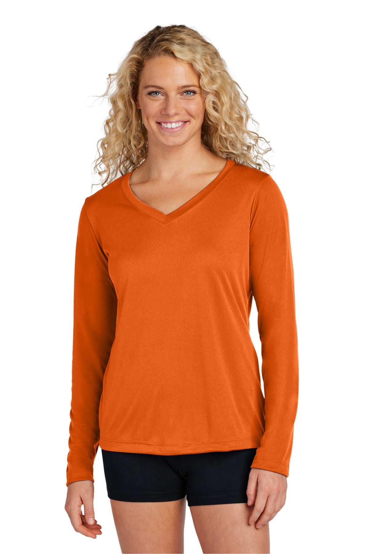 Deep Orange Sport-Tek Women's Long Sleeve PosiCharge Competitor V-Neck Tee. LST353LS