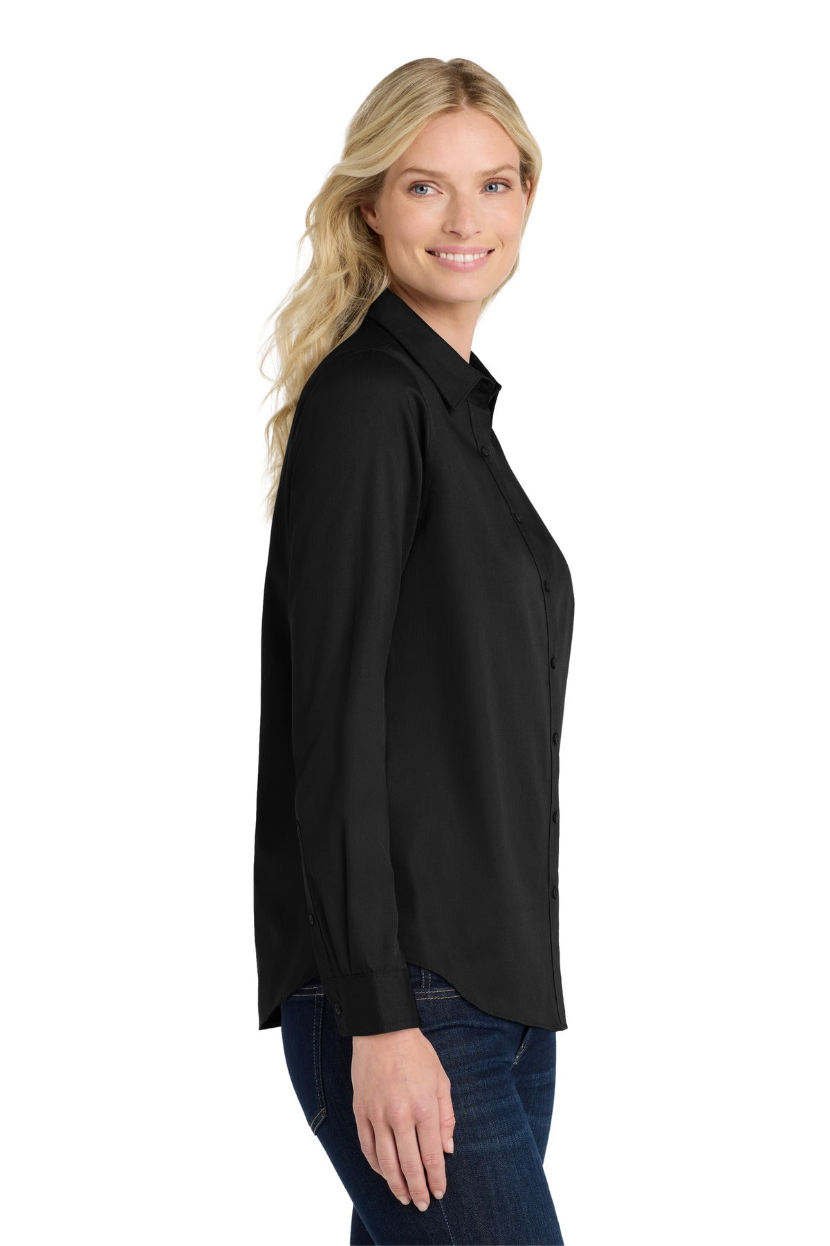 DeepBlack Port Authority Women's Long Sleeve SuperPro React Twill Shirt. LW808