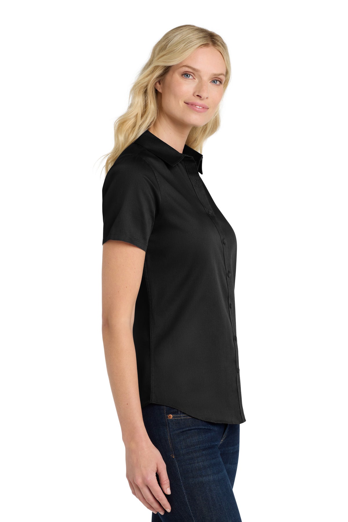 DeepBlack Port Authority Women's Short Sleeve SuperPro React Twill Shirt. LW809