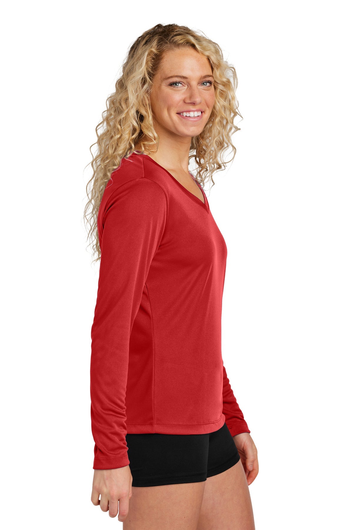 DeepRed Sport-Tek Women's Long Sleeve PosiCharge Competitor V-Neck Tee. LST353LS