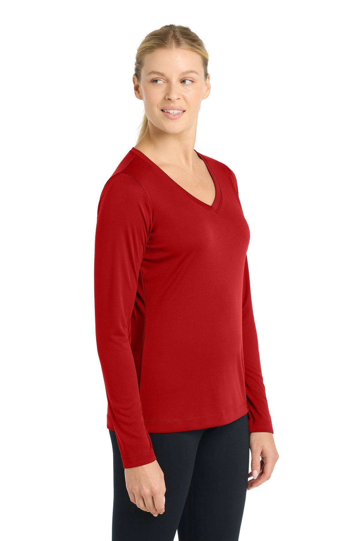 DeepRed Sport-Tek Women's Long Sleeve PosiCharge Competitor V-Neck Tee. LST353LS