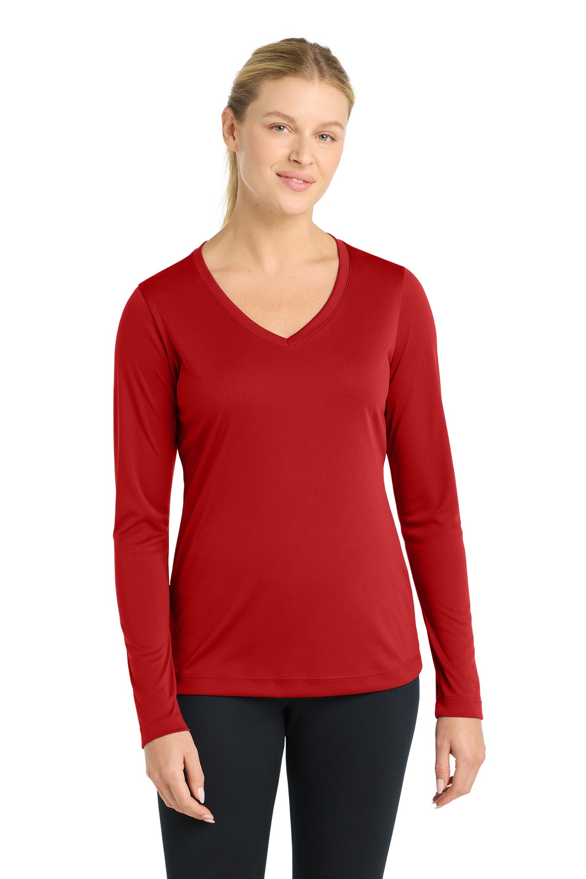 DeepRed Sport-Tek Women's Long Sleeve PosiCharge Competitor V-Neck Tee. LST353LS