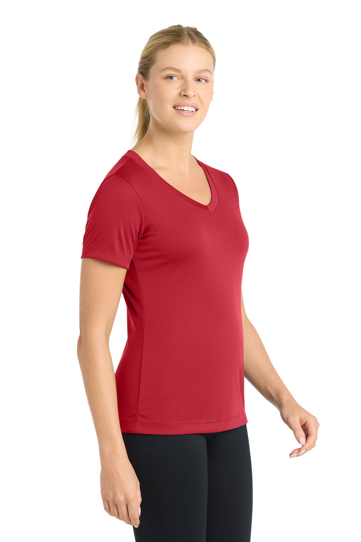 DeepRed Sport-Tek Women's PosiCharge Competitor V-Neck Tee. LST353