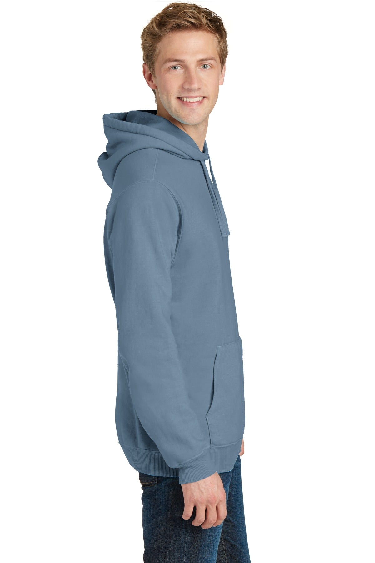 Denim Blue Port & Co Beach Wash Garment-Dyed Pullover Hooded Sweatshirt. PC098H
