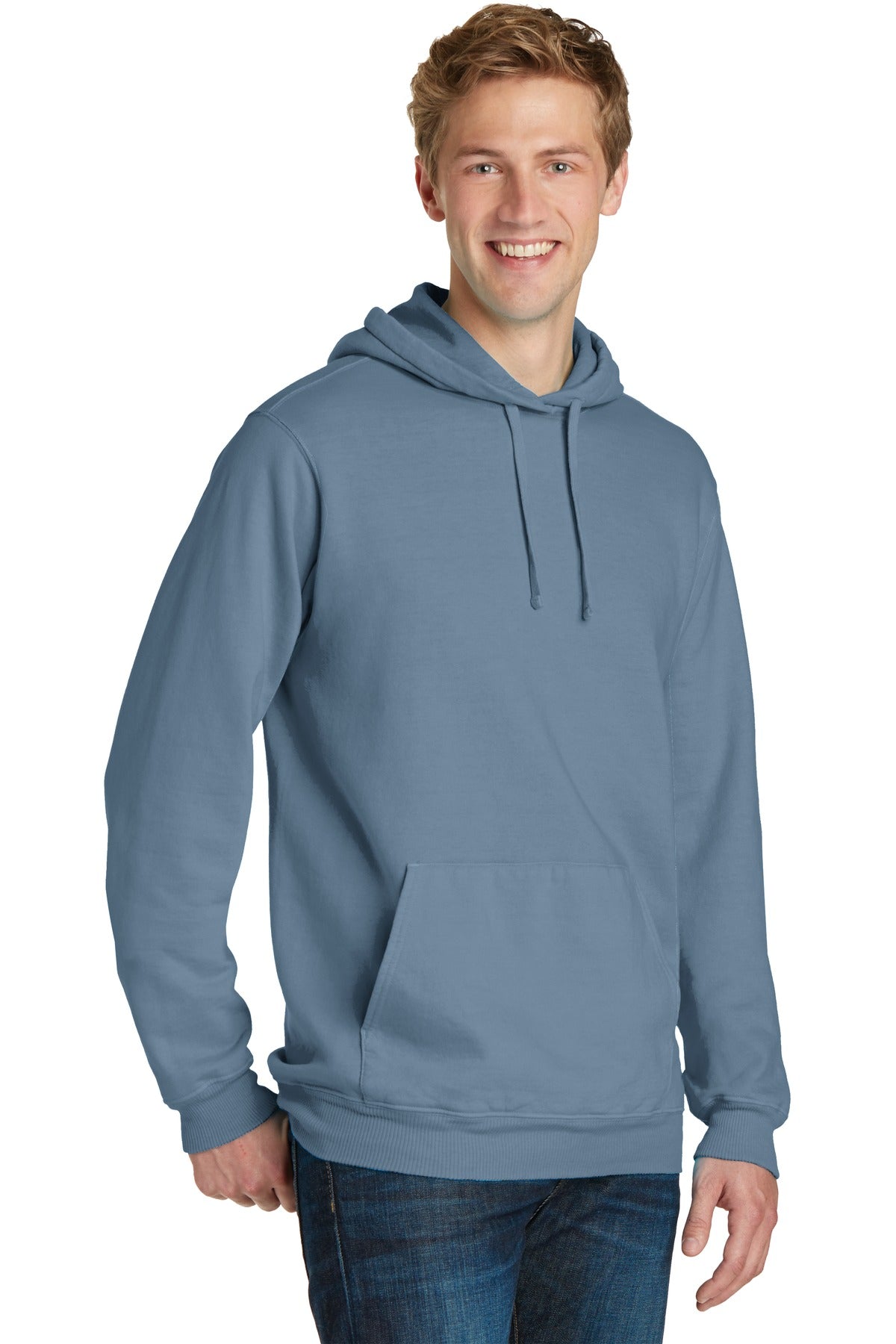 Denim Blue Port & Co Beach Wash Garment-Dyed Pullover Hooded Sweatshirt. PC098H